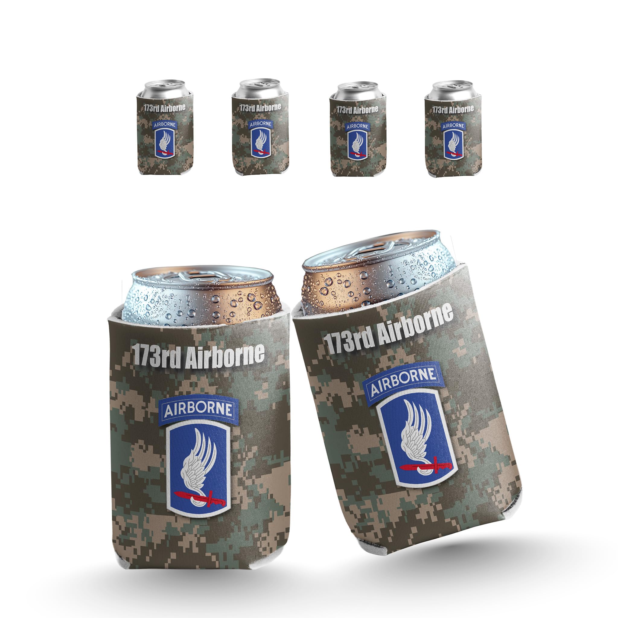 VictoryStore Military Can Coolers – 173rd Airborne Division Set of 6 – Patriotic Drink Sleeves with Unique Full-Color Designs – Fits 12 oz Cans &