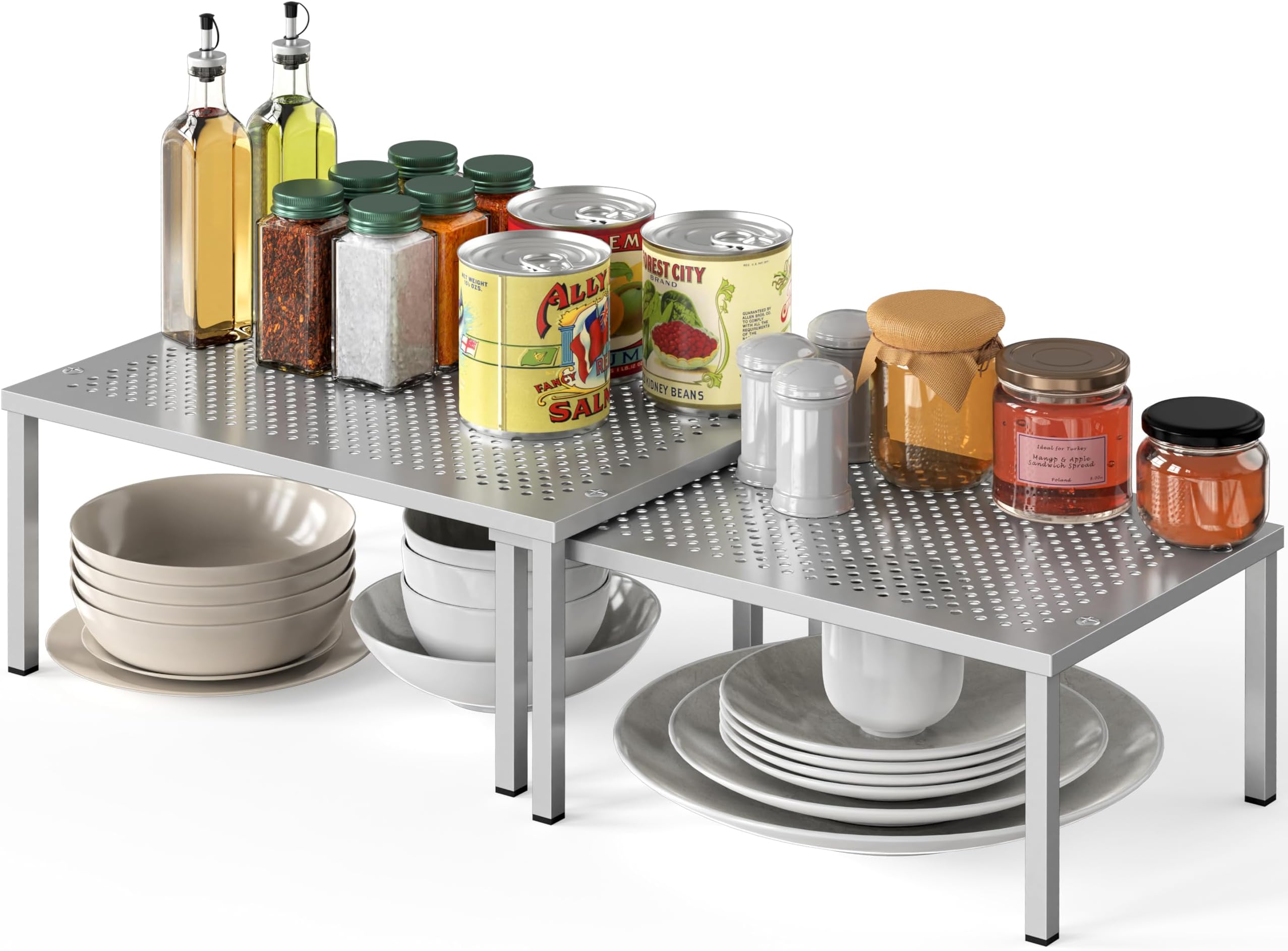Expandable Stackable Cabinet and Counter Shelf Organizer with Steel Surface, 9" D x 12.75" W x 5.9" H, Silver