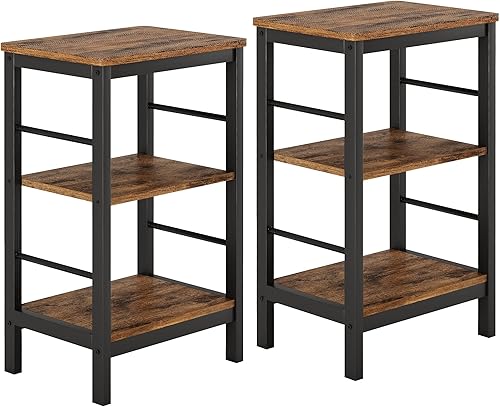 IDEALHOUSE Mesa auxiliar moderna, juego de 2 mesas auxiliares con estante de almacenamiento de 3 capas para espacios pequeños, mesitas de noche para
