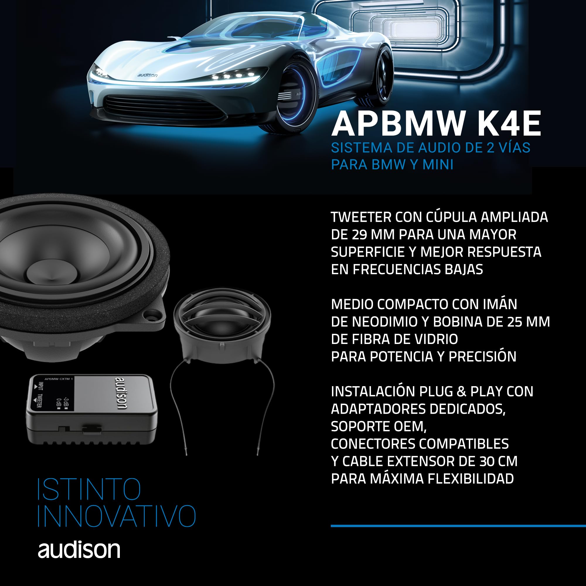 Audison APBMW K4E – Kit de Altavoces de 2 vías específico para BMW con Medios de 100 mm y Tweeter Tetolon®, instalación Frontal Plug & Play, 100 W máx