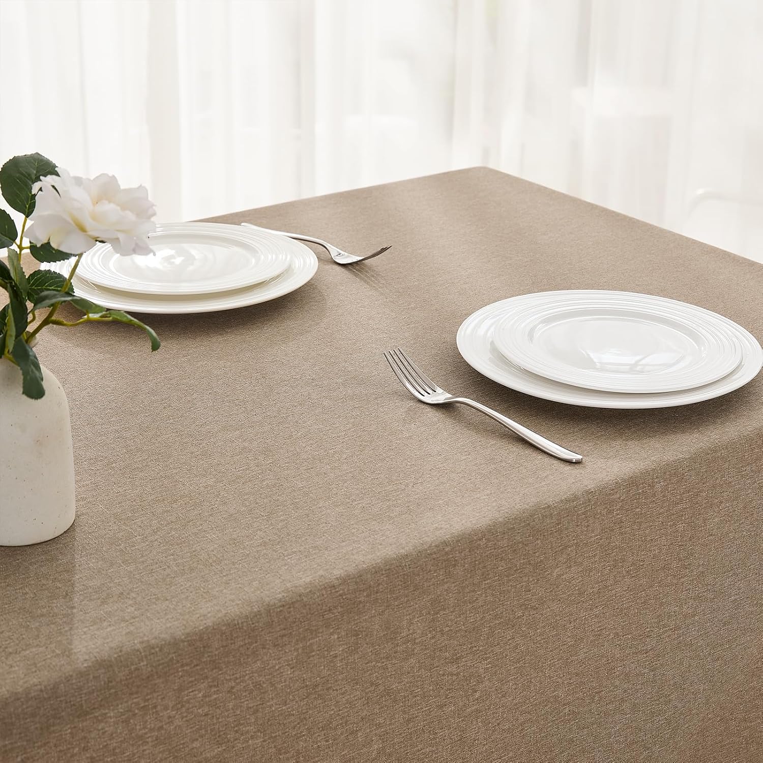 Faux Linen Tablecloths for Rectangle Tables, 2 Pack Burlap Textured Table Cloths Washable Farmhouse Table Cover Water Resistant for Dining, Wedding, Outdoor(Khaki, 60"×104")