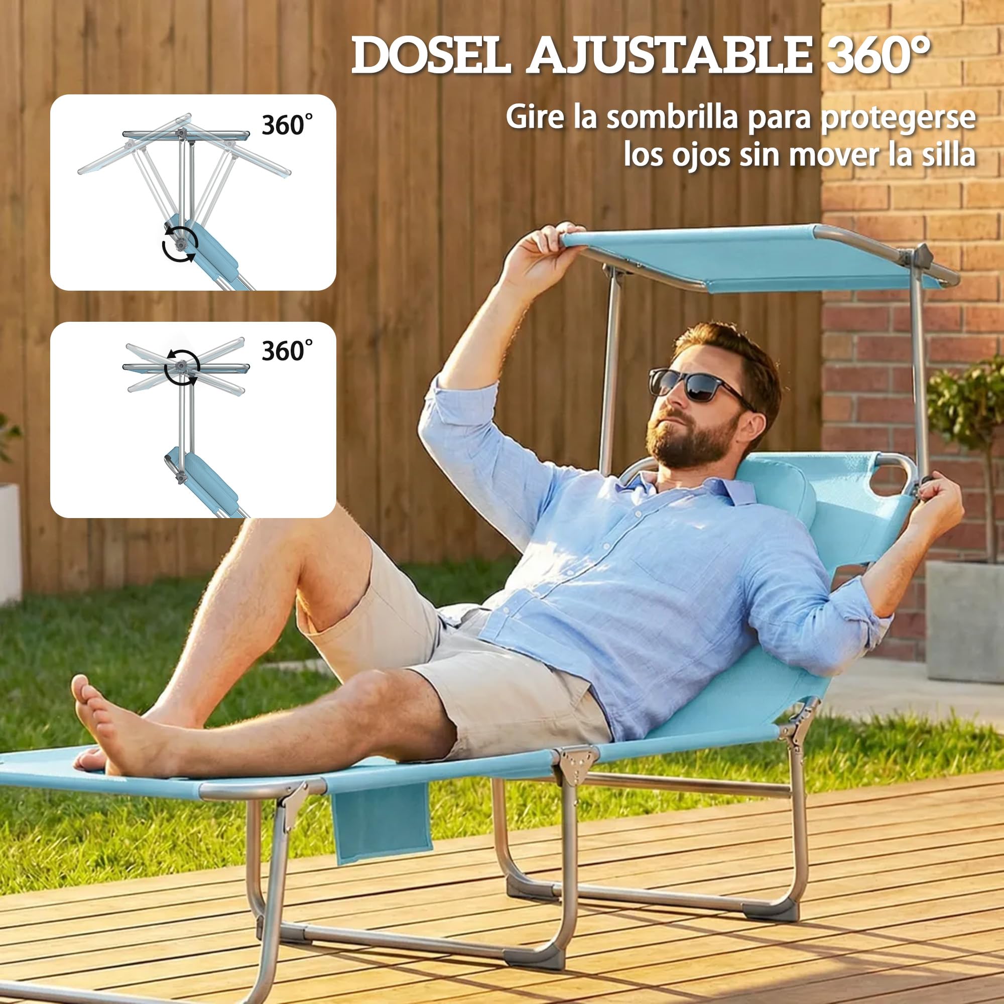 Outsunny Set de 2 Tumbonas Jardín Exterior Plegables con Dosel 360° Azul | Reposacabezas, Orificio Facial, Bolsillo Lateral, Respaldo Reclinable 5 Posiciones, Textilene 550 g/m², para Playa