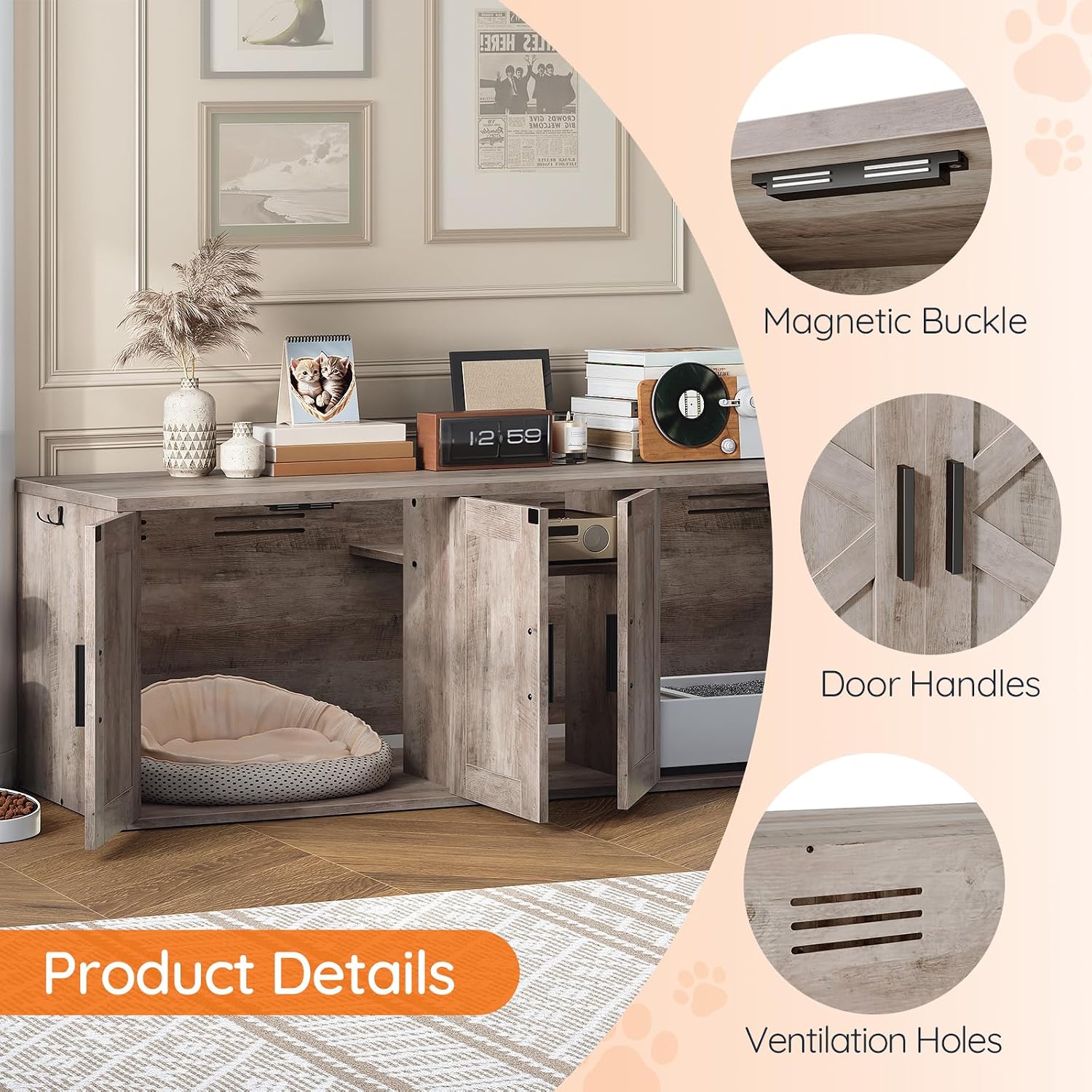 HOOBRO Double Litter Box Enclosure, Hidden Litter Box Enclosure with Corridor, Cat Litter Box Furniture with Storage Layer, Wooden Litter Box Cabinet with Hooks, Greige BG15MW01