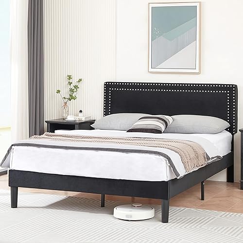 VECELO Base de cama de plataforma de tamaño matrimonial con cabecera tapizada ajustable, base de colchón moderna, soporte de listones de madera