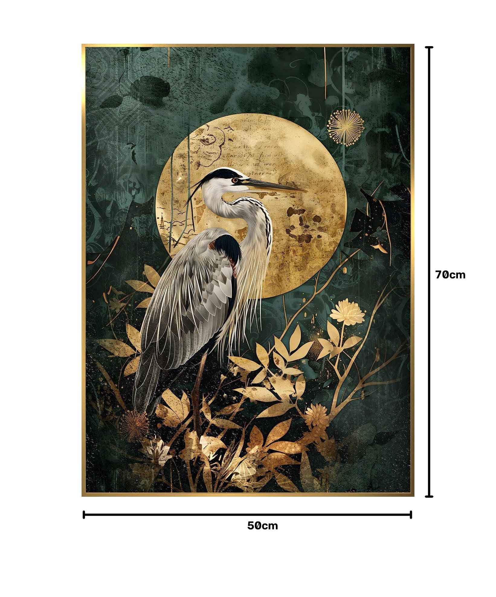 STYLER Bild Golden Sun 50x70 cm mit goldenem Rahmen – Luxuriöses Wandbild für Ihr Zuhause – Reiher Gold Dunkelgrün Modern Minimalistisch Deko