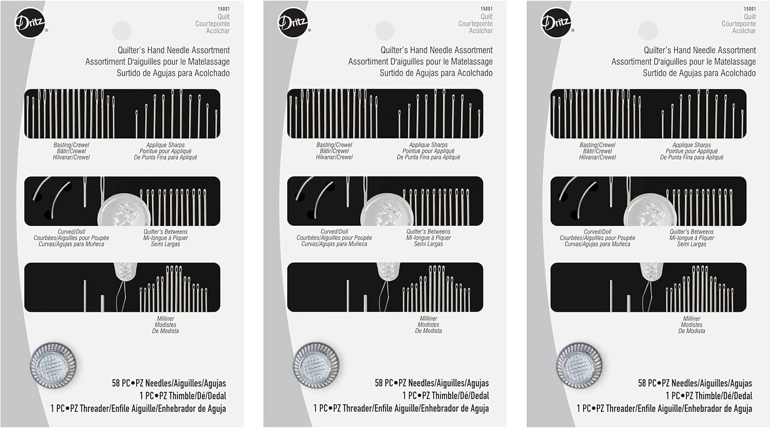 Dritz Quilter's Hand Assortment, 3-Pack Quilting Needles, Nickel 180 Pack
