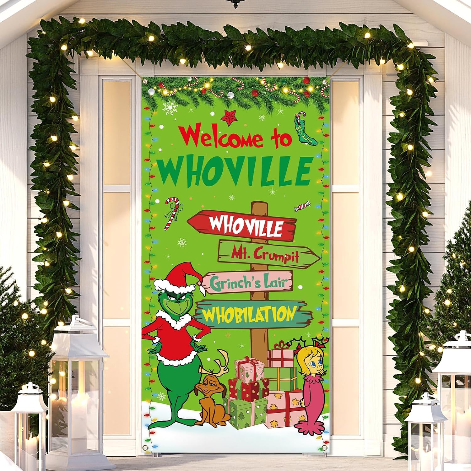 Sunwer Welcome Xmas Door Cover Green Elf Christmas Winter Holiday Party Decoration Front Porch Sign Backdrop Banner for Home Indoor Outdoor Decor image 2