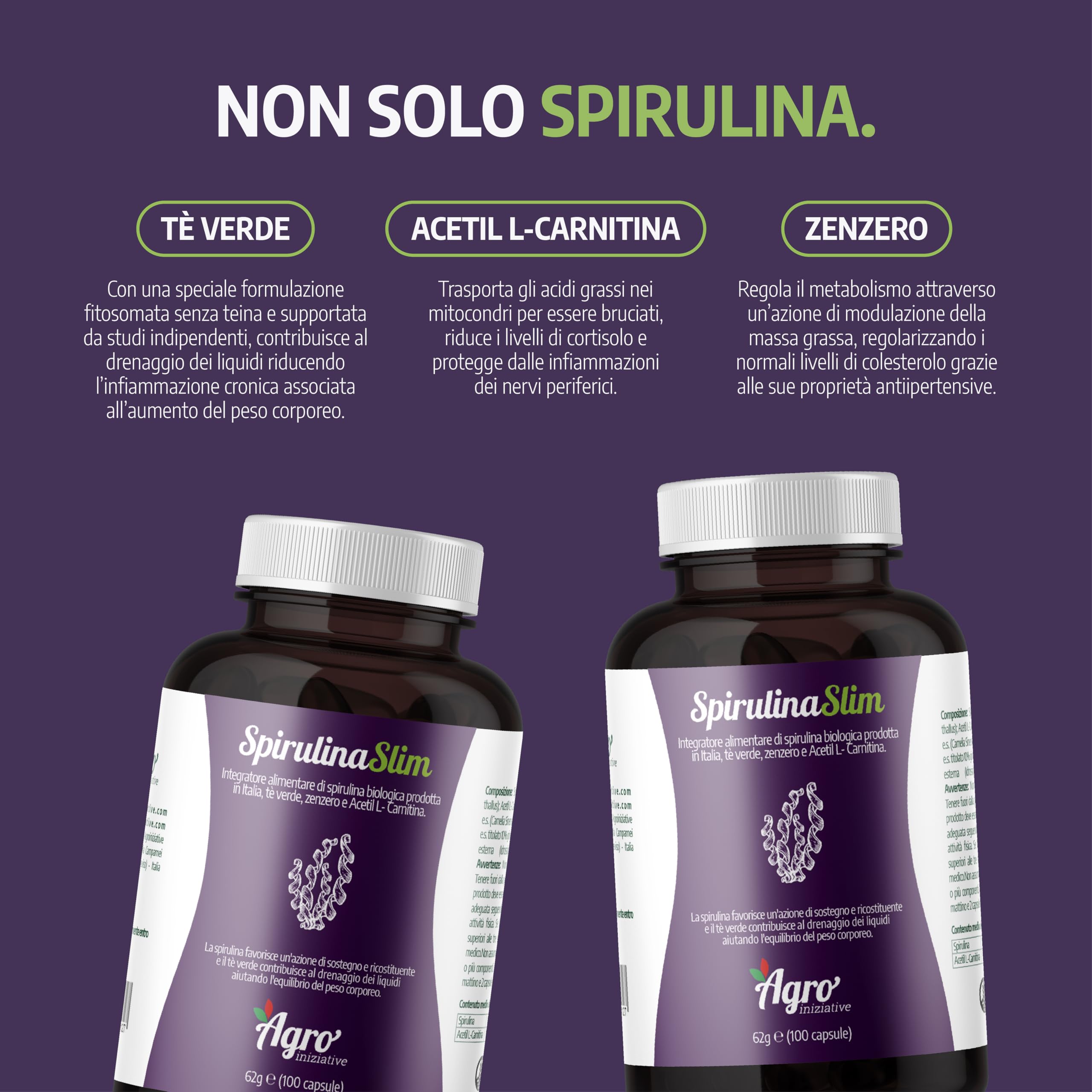 AGROINIZIATIVE SPIRULINA SLIM 100 Cps Alga Spirulina Biologica Drenante Efficace Senza Iodio E Caffeina Spirulina Detox Effetto Sazietà Con Zenzero Acetil L-Carnitina E Greenselect PRODOTTA IN ITALIA