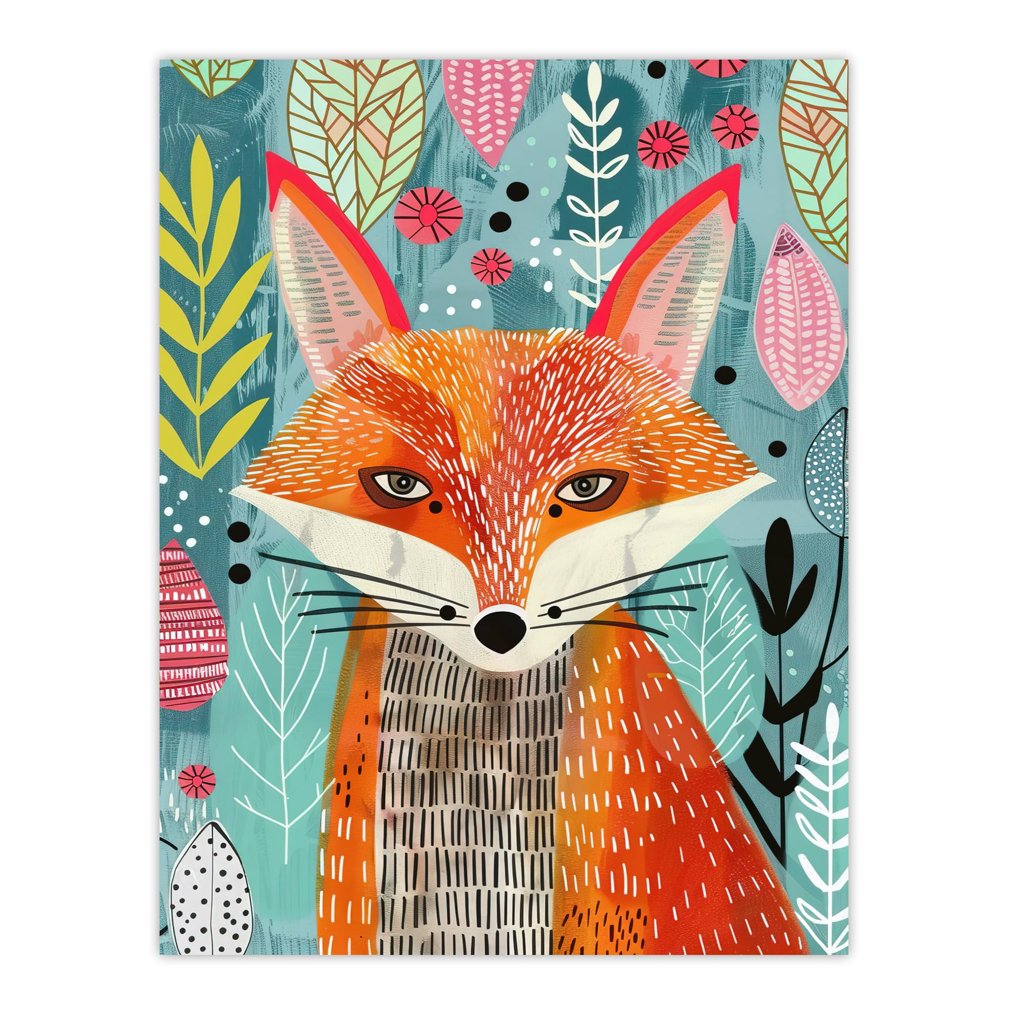 Artery8Devious Fox in Garden Folk Art Pattern Design Kids Bedroom Extra Large XL Wall Art Poster Print