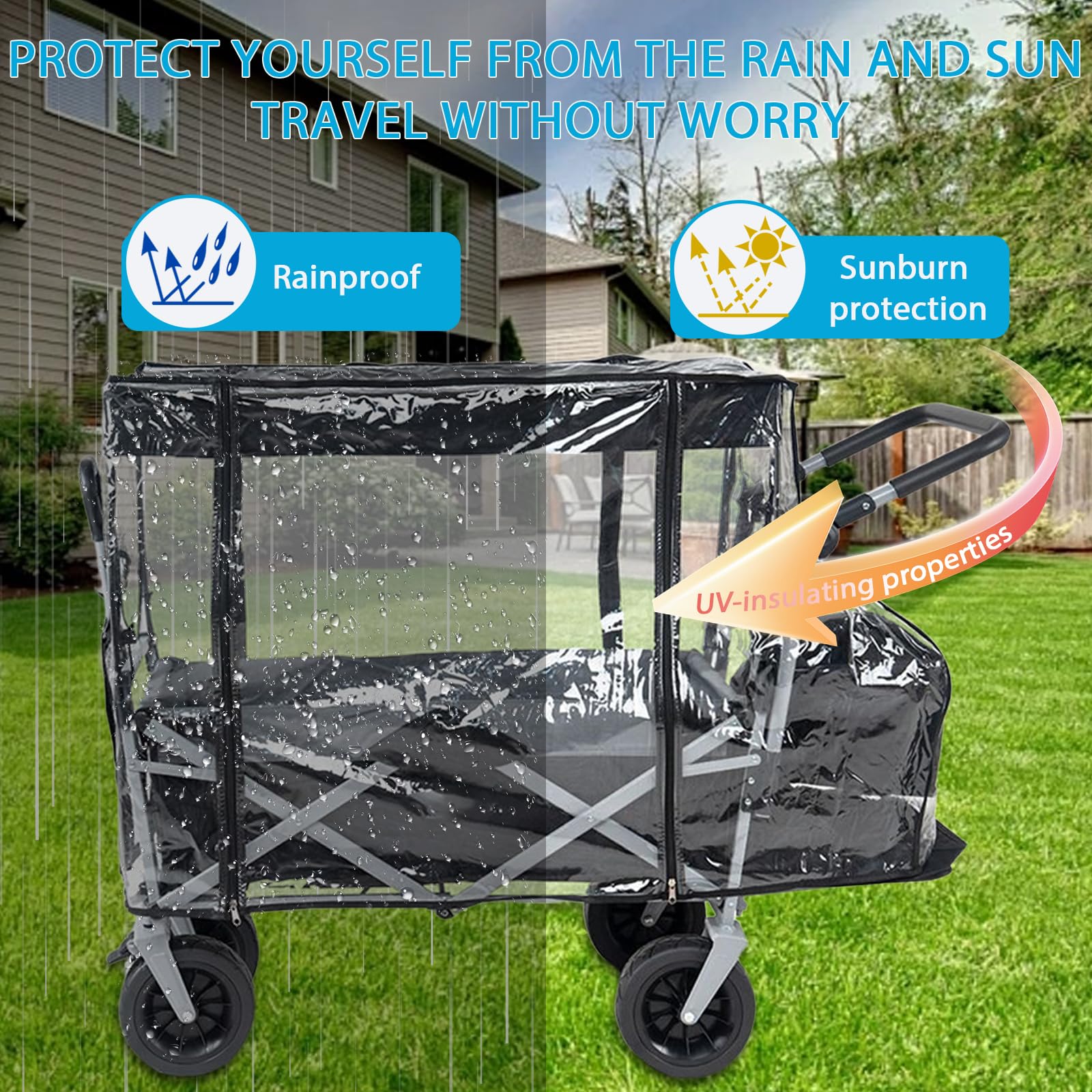 Housse de Pluie Universelle Pliable Push Pull pour Chariot,Accessoires pour Chariot,Bâche Transparente,PVC,110x74x51cm (Housse de pluie)