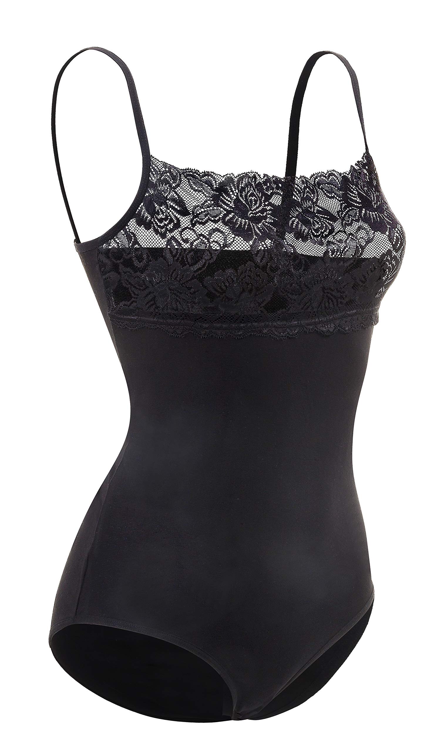 Maria Angel Women's Black Strappy Cami Top Lace Trim Neck Vest Bodysuit Leotard Camisole 4030 (Large 12-14, )