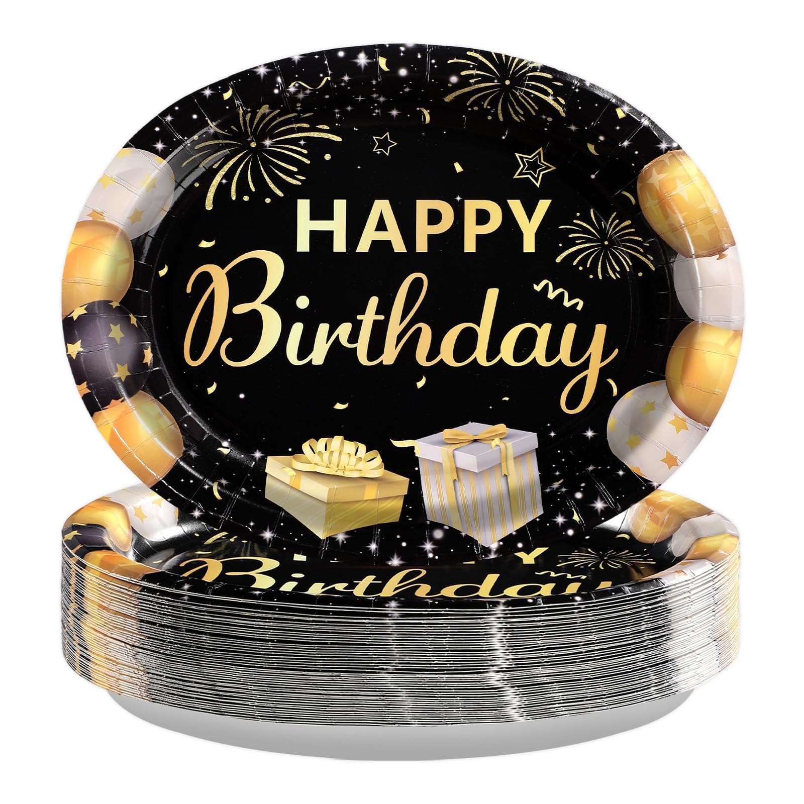 Grencian Ovale Pappteller, 25,4 x 30,5 cm, groß, strapazierfähig, Happy Birthday-Partyteller, schwarze Partydekorationen, Teller für Männer und Frauen, Versammlungen, Dinner-Party-Dekorationen, 50