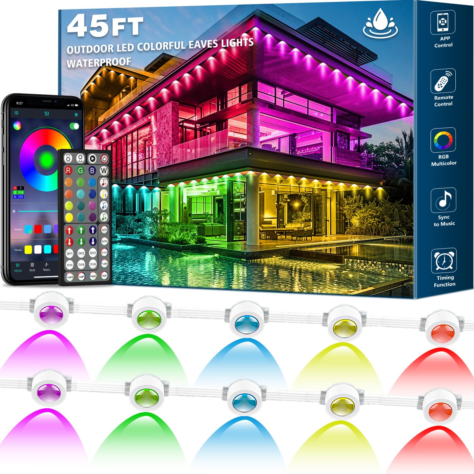 45FT Permanent Outdoor RGB Lights,Waterproof Smart LED Eaves Lights with App/Remote Control,for Christmas and All Holiday Decor,Daily and Accent Lighting,House Roof and Garden Lighting