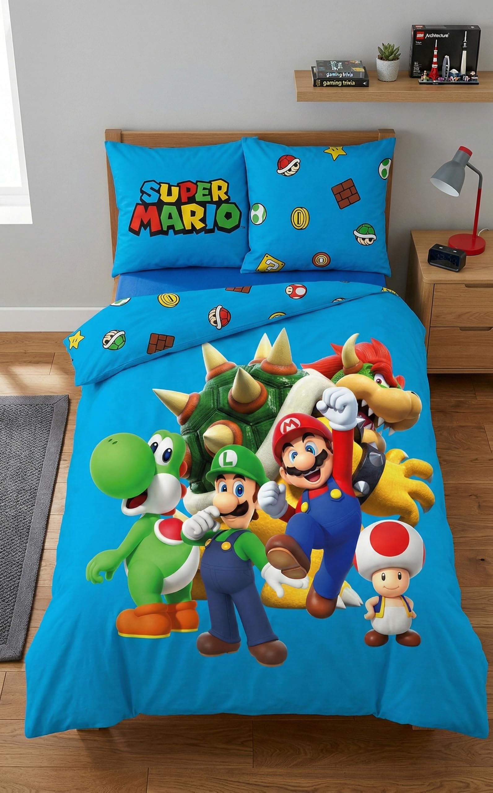 Parure da letto blu Super Mario 135 x 200 cm + 80 x 80 cm, con Mario, Luigi, Toad, Peach, Wario & Yoshi, copripiumino e federa, taglia tedesca