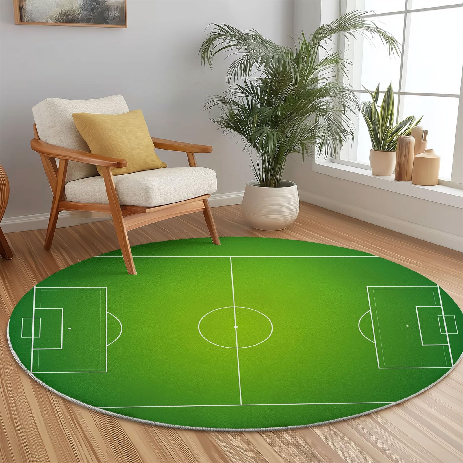 Generisch Teppich Rund Einfach Linien Fußballfeld Drucken rutschfest Waschbar Runder Teppich 150 cm für Wohnzimmer Kinderzimmer Büro Korridor, Weich Flaumig Flanell Teppiche Grün