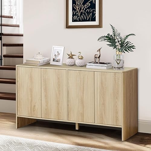 Miniatura 6 de Aparador bohemio, moderno de mediados de siglo, aparador de credenza acanalado largo con almacenamiento para cocina, comedor, oficina, sala de