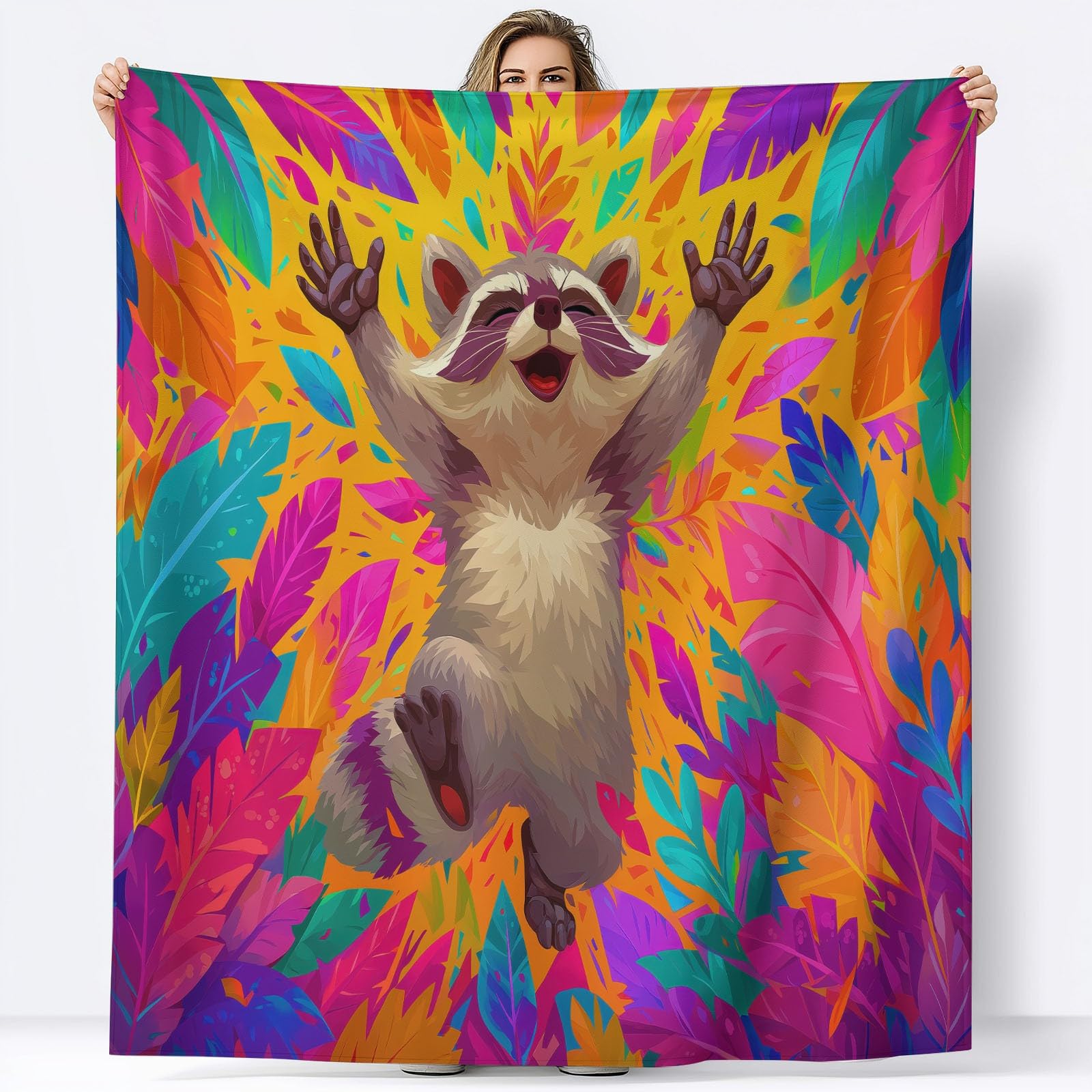Genérico Koc na sofę zwierzęta szop kolorowe liście 180 x 220 cm wyjątkowo miękki i przytulny koc flanelowy, koc polarowy Sherpa, koce na łóżko, koce z nadrukiem, na cały sezon