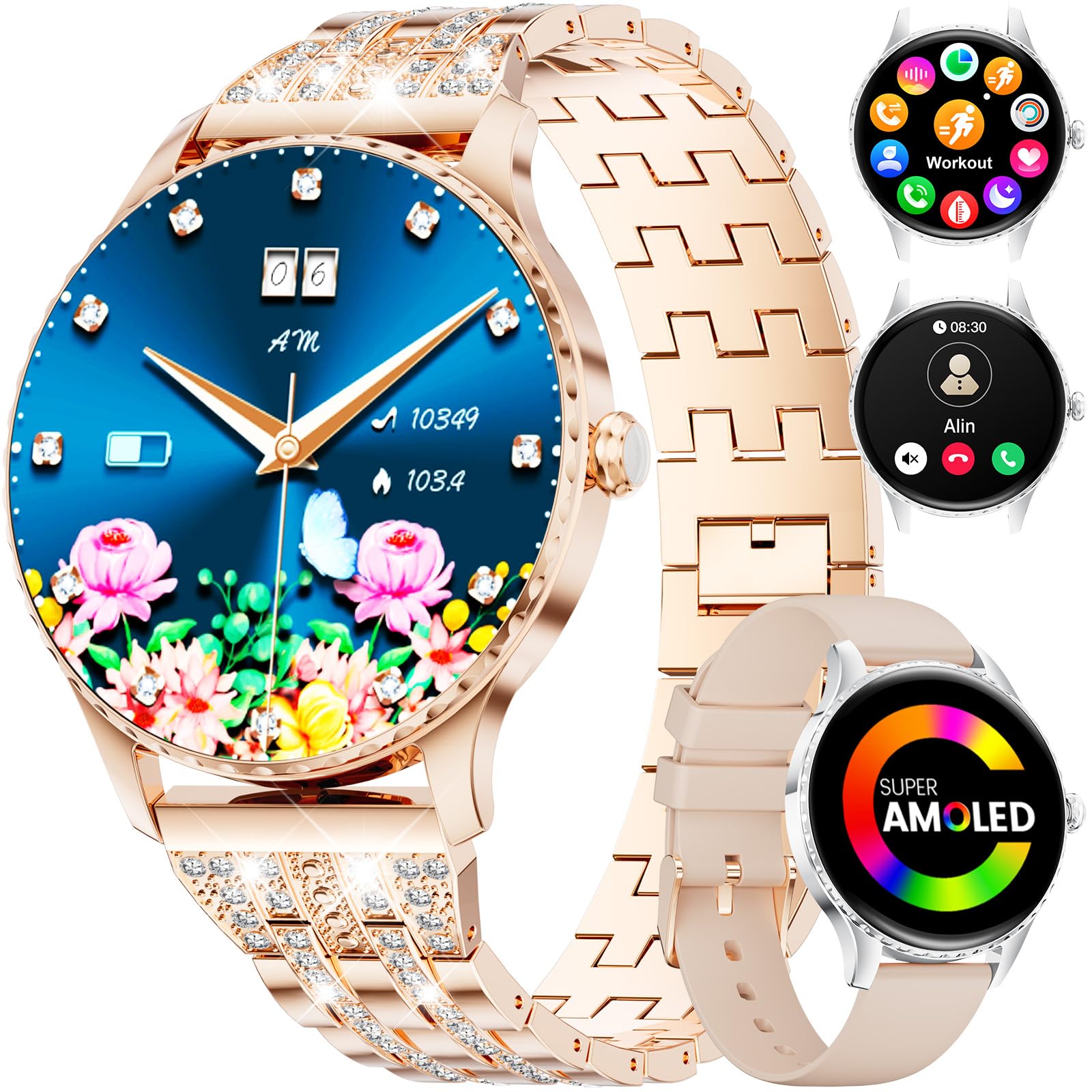 FitVigor Smartwatch Damen - Luxus-Metallarmband mit Strass/1.32