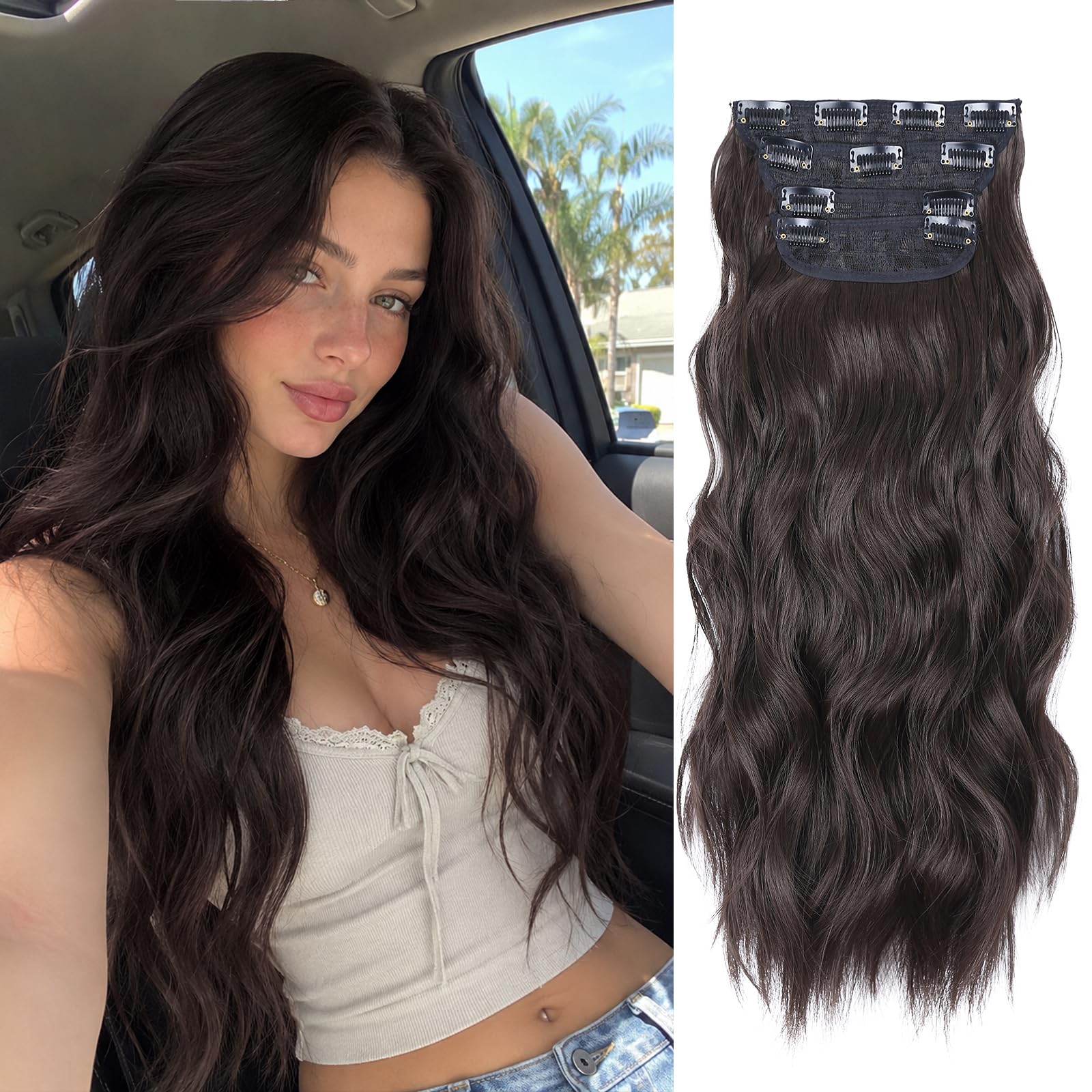 Photo 1 of Clip in Hair Extensions 4PCS Brown Black Thick Hair Piece 20 Inches Long Wavy Clip in Extensions Full Head Synthetic Hairpieces for Women (4pcs, 20Inch, 4#)