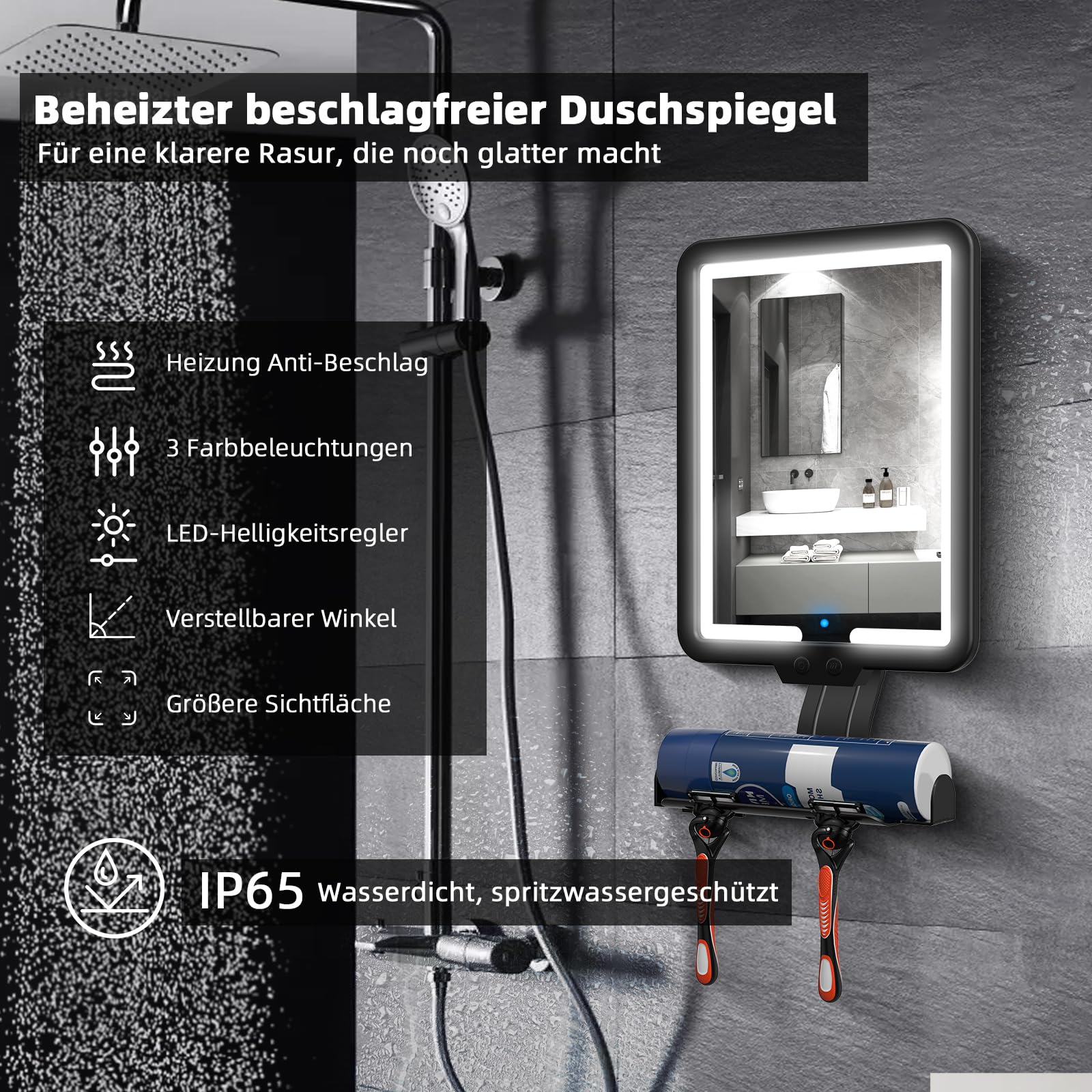 Rasierspiegel Beschlagfreier Duschspiegel mit Licht, groß 23 * 17,5cm Beheizter AntiBeschlag Dusch-Rasierspiegel 3 Farbmodi dimmbares Licht, mit Ablagefach & Rasierklingenhalterung