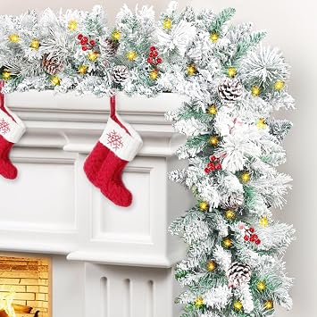 9FT Christmas Garland Decoration, Battery Powered Lighted Christmas Garlands with Pine Cones Berries Lush Branches, Prelit Xmas Snowy Garlands with Timer for Mantle Stairs Fireplace Outdoor Decor