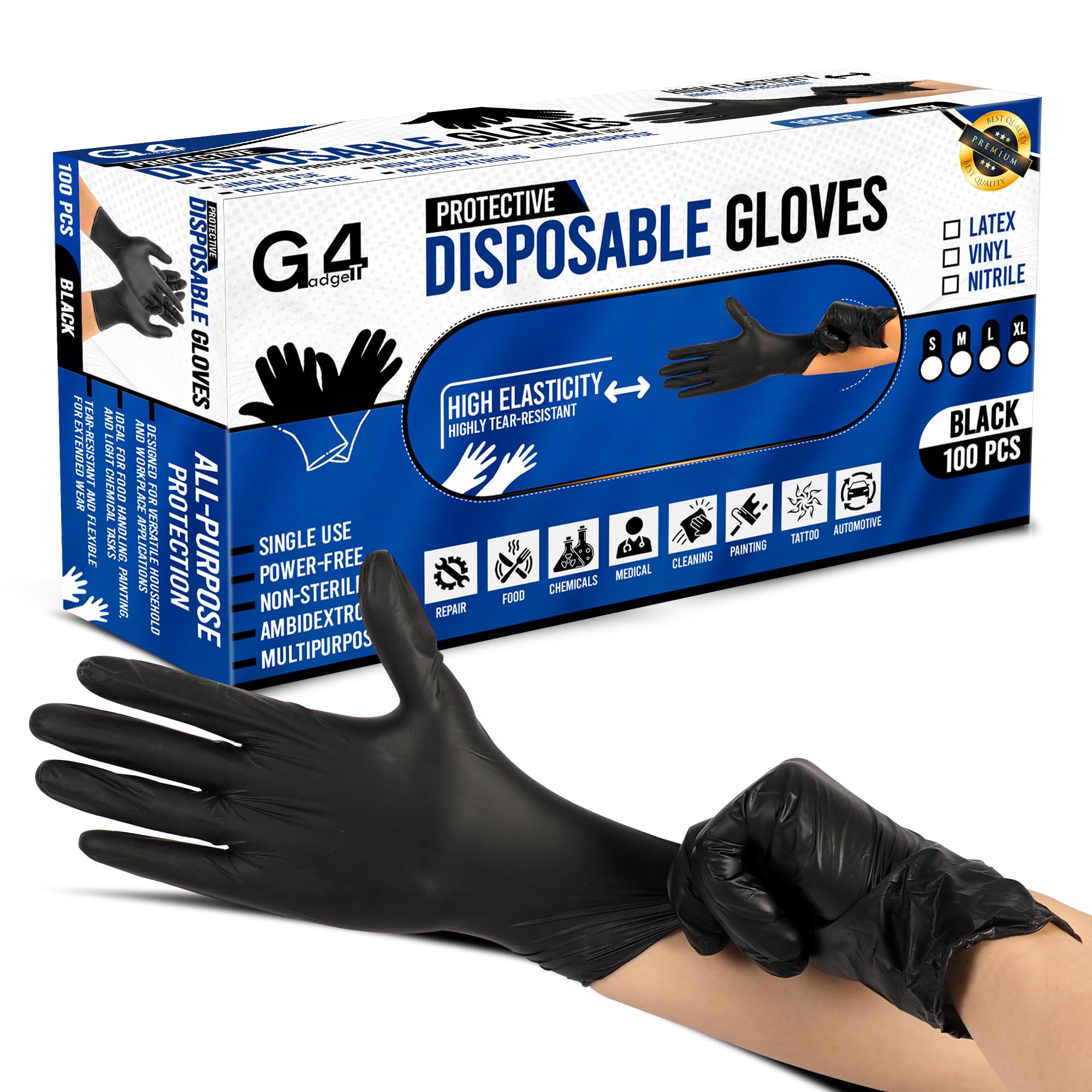 G4GADGET Black Vinyl Disposable Gloves Medium (M) – 100 Pack, Latex-Free Powder-Free Gloves, Food Safe for Cooking, Cleaning, Salon, Tattoo, Car Detailing & Home Use