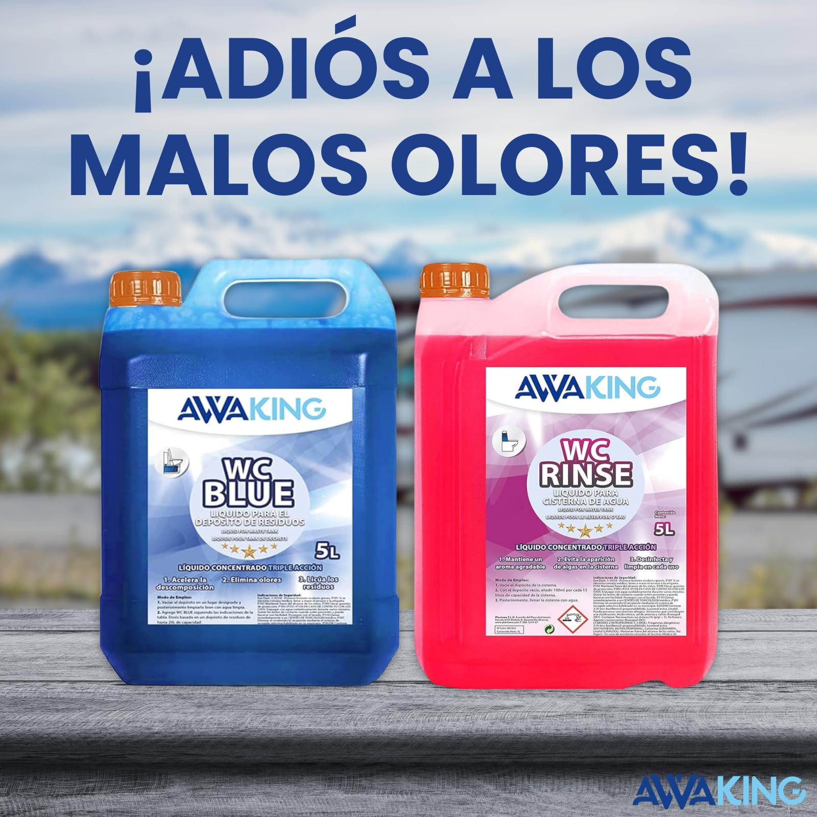 Liquido WC Quimico Caravana WC Blue 5L + Rinse 5L,Liquido Autocaravanas Aditivo Aguas Negras + Concentrado Taza WC Cisterna,Caravanas,Depósito Residuos Autocaravanas,Sanitary Fluid,Líquido Potty