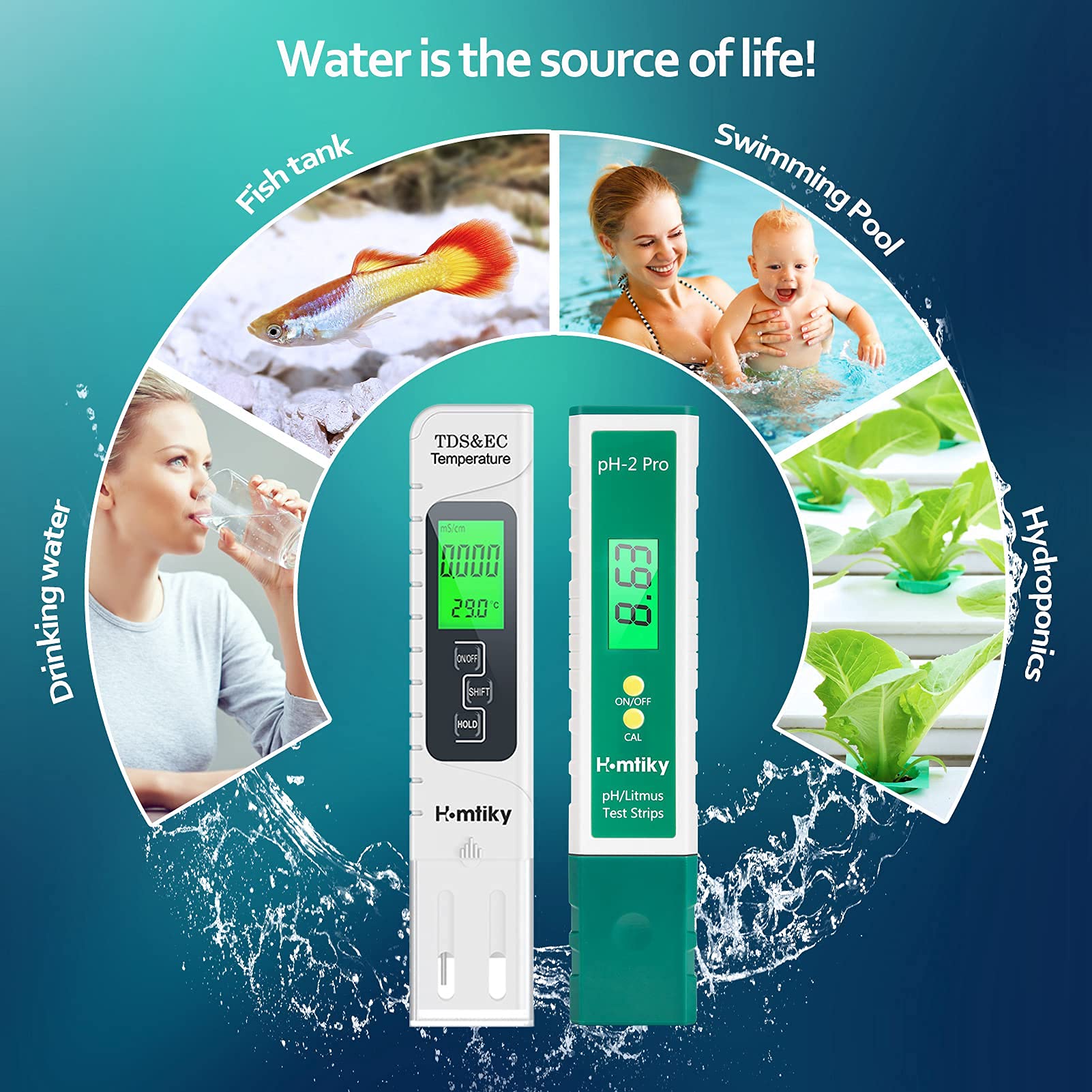 Mètre pH & TDS, Testeur de qualité de l'eau TDS pH 2 en 1, Précision de Mesure de 0 à 14 pH, 1 PPM Résolution, 2% Précision de Lecture, Set 0-9990 PPM, pour Piscine, Aquarium, Plantation, Eau Potable