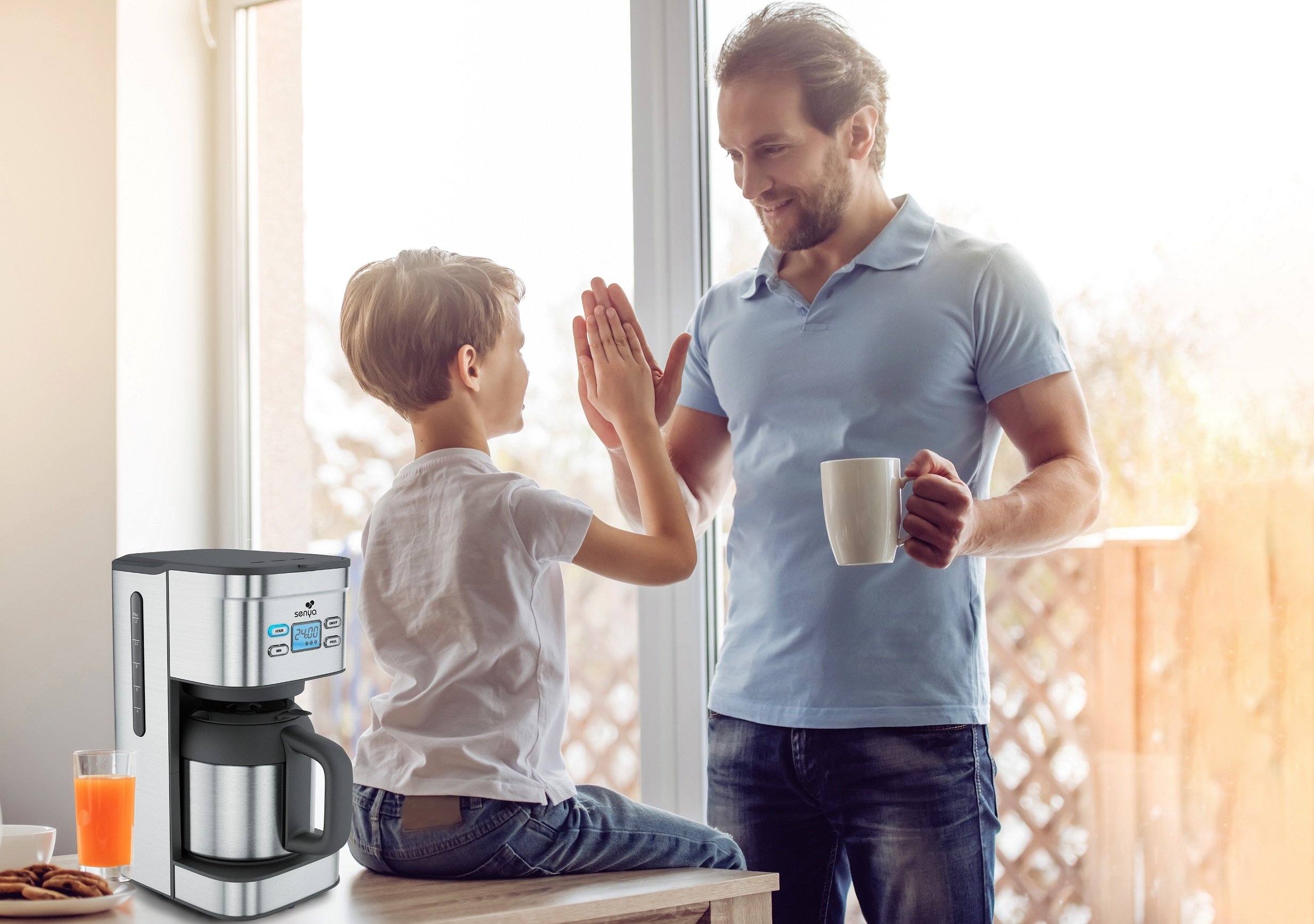 Senya cafetière électrique programmable Inox Hot Coffee, verseuse isotherme en acier inoxydable, fonction sélecteur d’arôme, maintien au chaud, 1,2L, 800W, SYBF-CM025