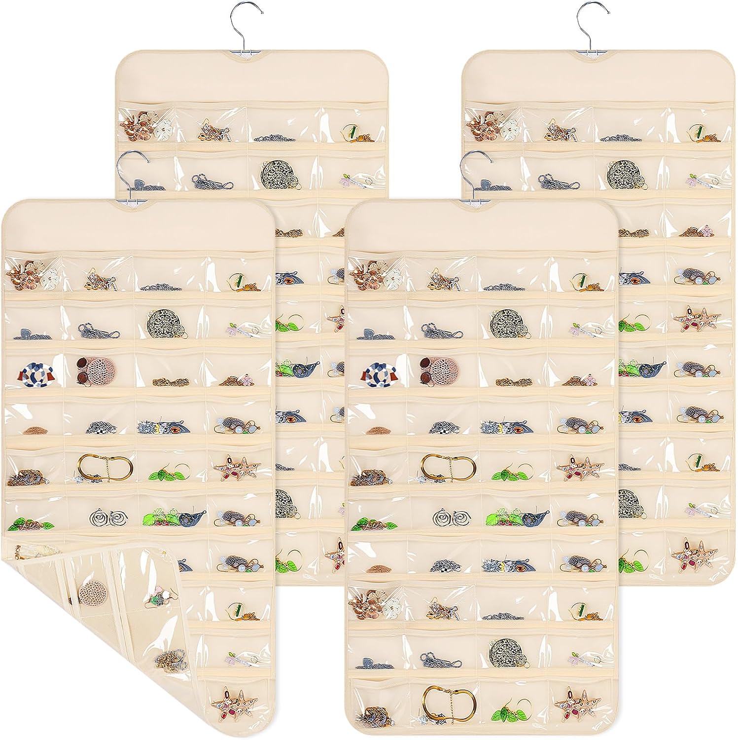4 Pack Hanging Jewelry Organizer with 80 Clear Pockets, Double-Sided Hanger for Closet Door Wall, Beige Jewelry Holder for Earrings, Necklaces, Bracelets
