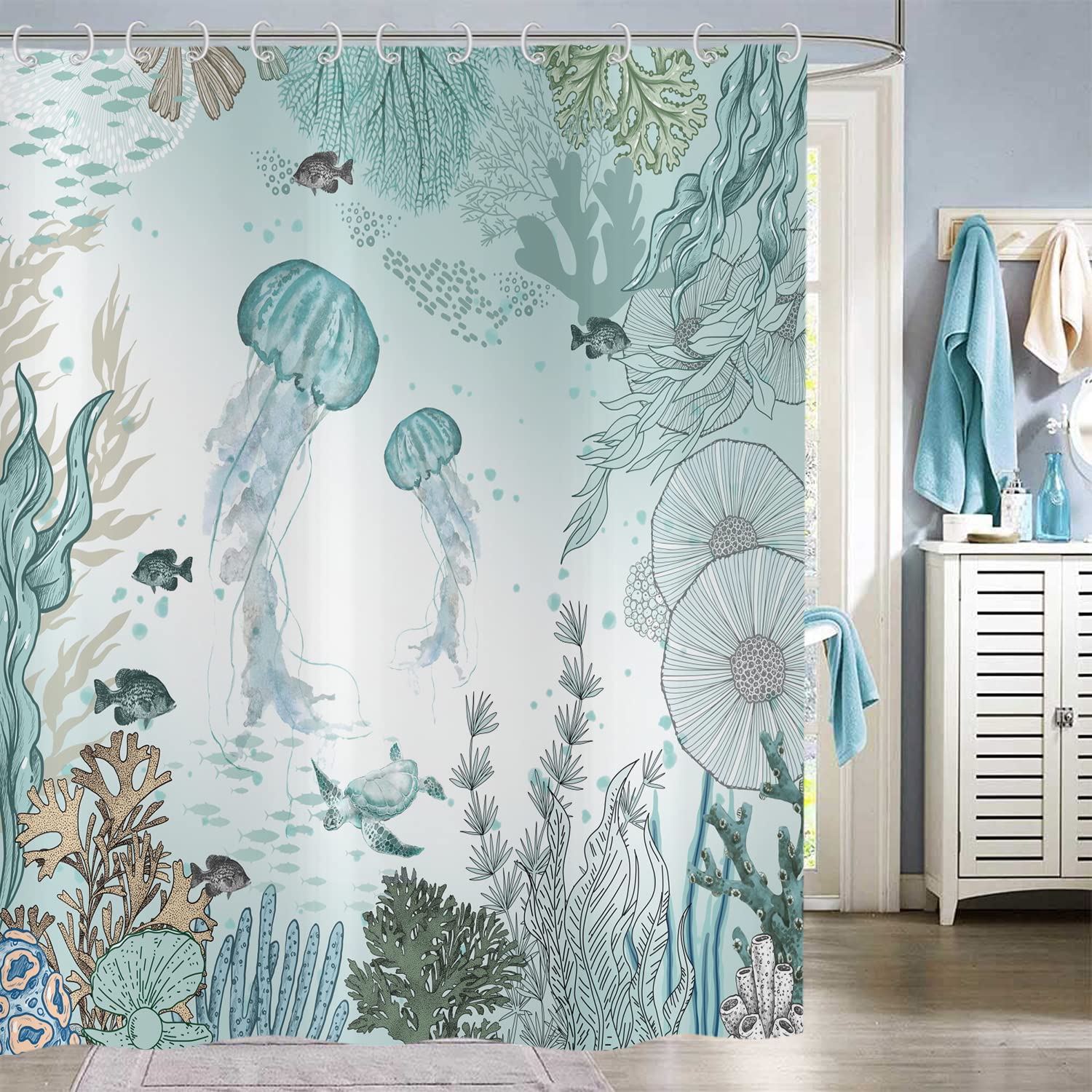 Hnmdmyi Jellyfish Shower Curtain 150x180, Nautical Coastal Tropical Fish Coral Teal Ocean Themed Underwater Marine Life Bathroom Curtains Waterproof Polyester Fabric Washable Bath Curtains with Hooks — image 1