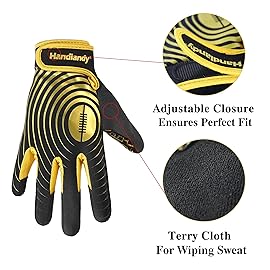 HANDLANDY Youth Football Gloves, Sticky Wide Receiver Gloves for Kids, White and Gold Stretch Fit Football Glove (Black and Gold, XX-Large)