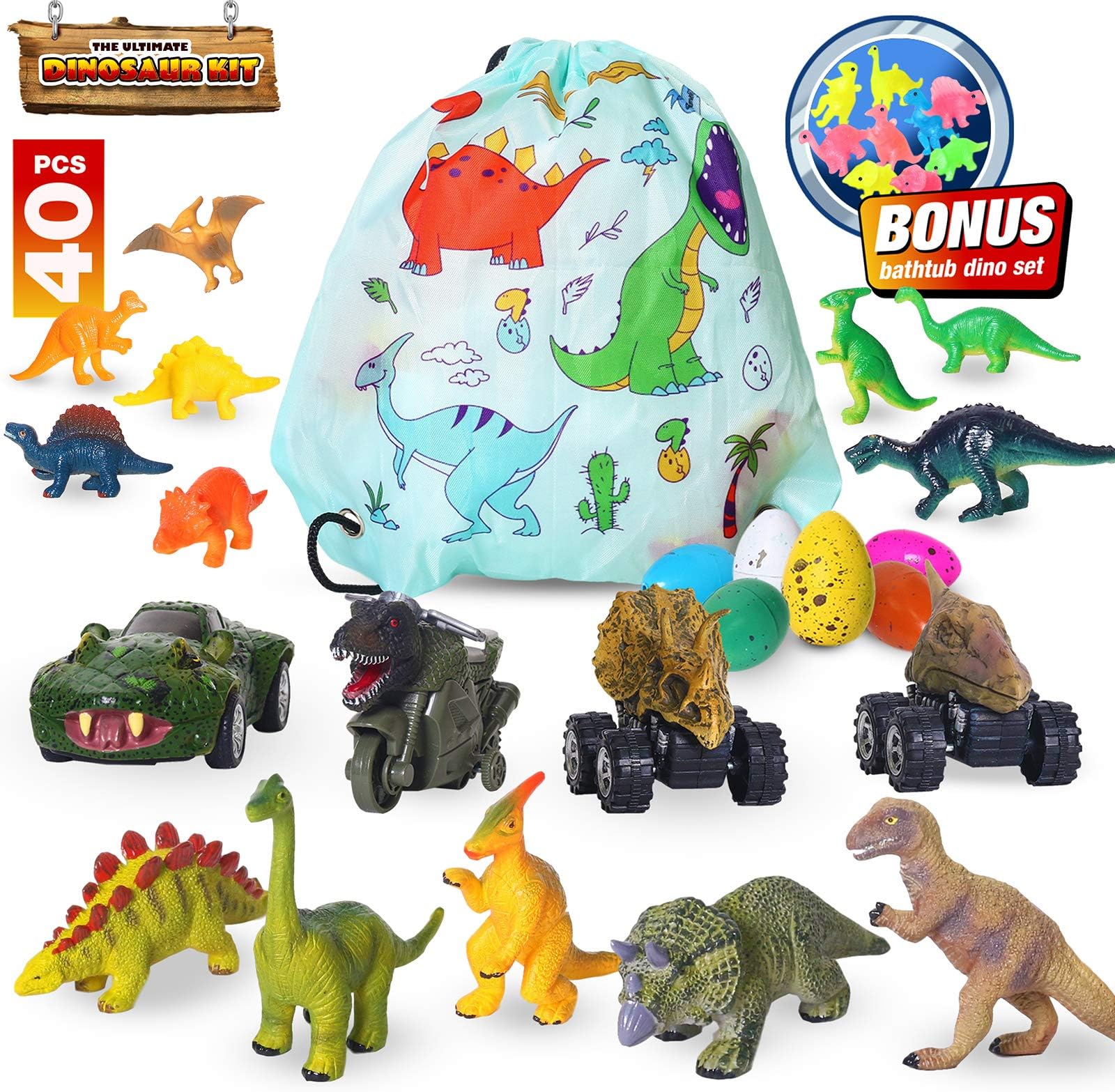 Dinosaur Toys 40 Piece Dinosaurs Playset and Accessories Playkit for Kids. Pull Back & Friction Cars. Party Favor Grab Bag Toys Dinosaur Figurines and Growing Dino Hatching Eggs