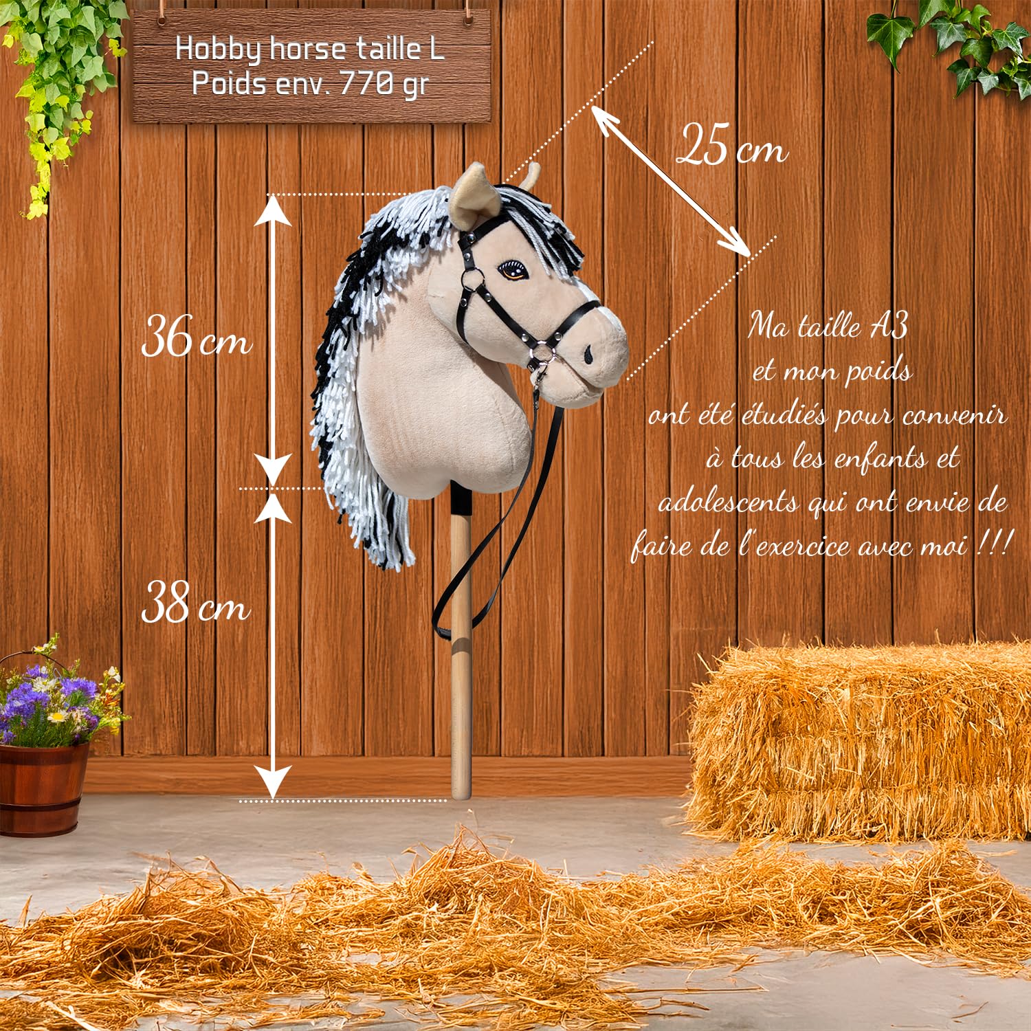 Hobby Horse Fjord A3 - Beżowy koń z włosami czarno-białymi - pełna siatka z migoczącym przodem - zabawka jeździecka dla dzieci i młodzieży