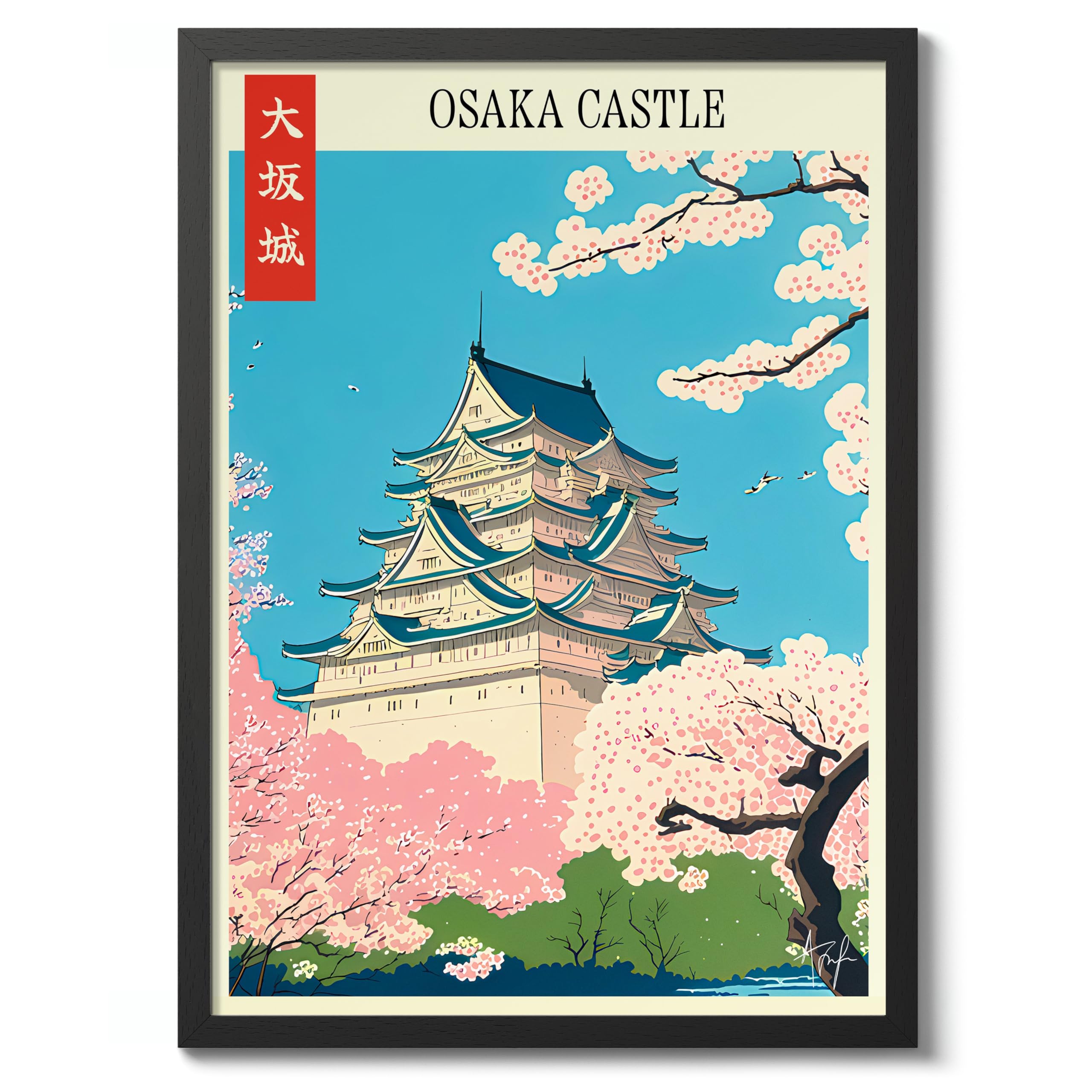 Osaka Castle - Japan Alfonso Trufa Vintage Poster, Retro Travel Art Illustration Print, Tourism Landmark Sketch Colouful Bedroom Wall Art Home Decor, A1 (Black Frame) - 86.9x62.4cm โ image 1