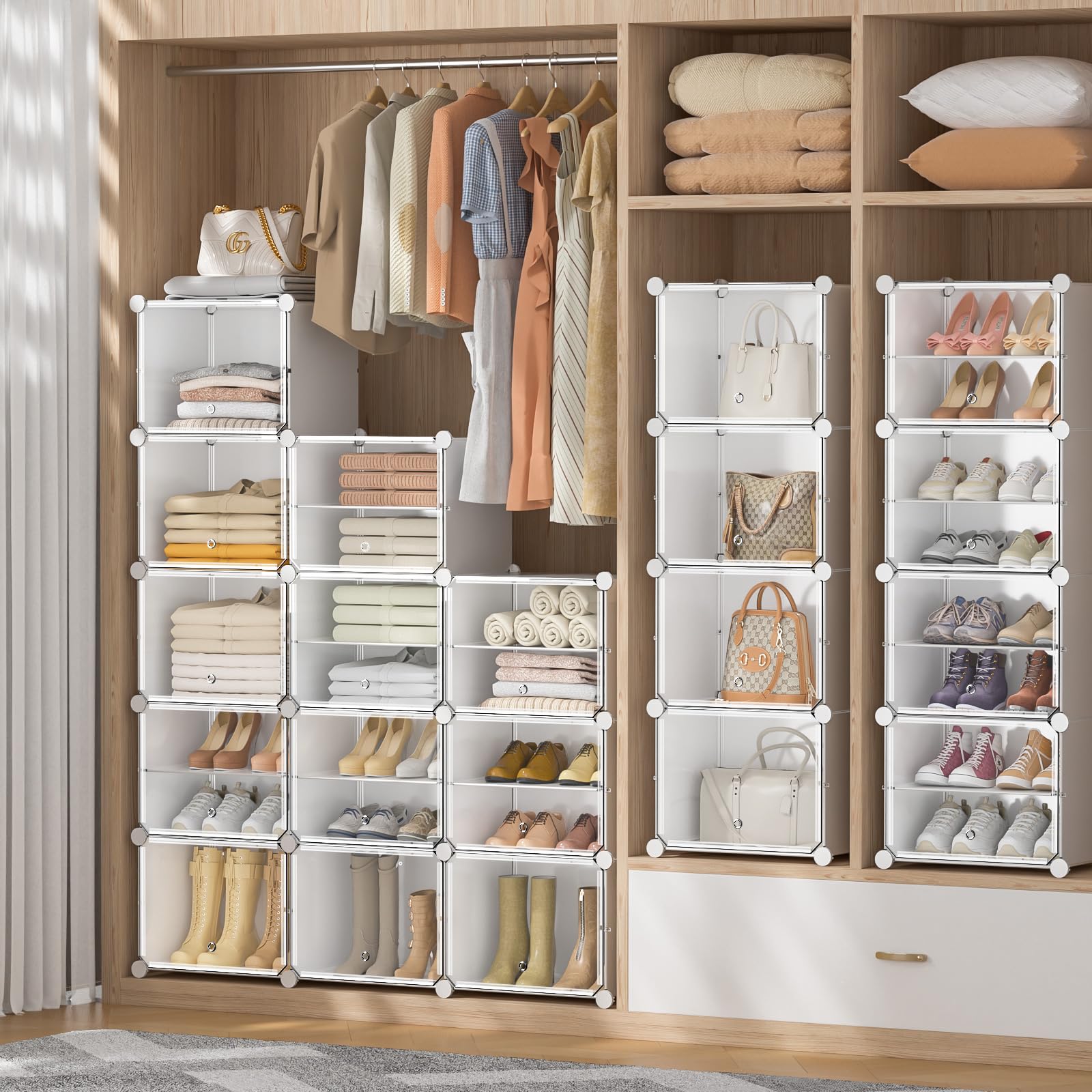 Schuhregal, Schuhschrank mit 44 Fächern, schuhregal hoch und schmal, schuhregal weiß, schuhschrank hoch geschlossen für Garderobe Flur Schlafzimmer Eingang, DIY anpassbar