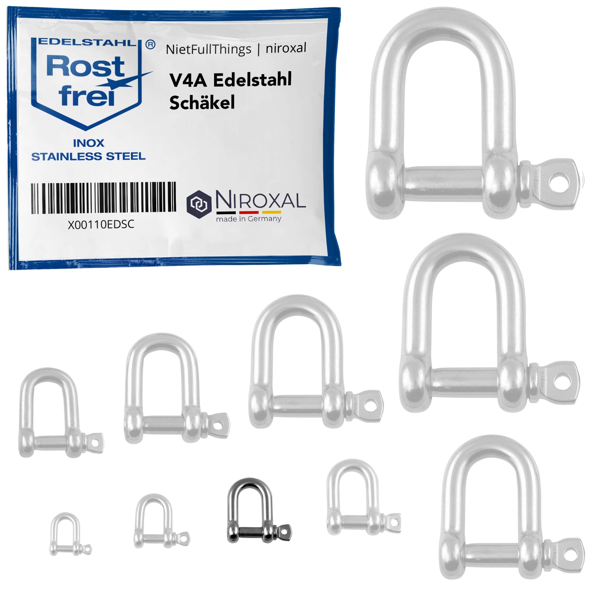 NietFullThings 100 pieces 6-mm Stainless steel shackles made of V4A short straight robust shape breaking load 1.500 kg Shackles 6x21-mm
