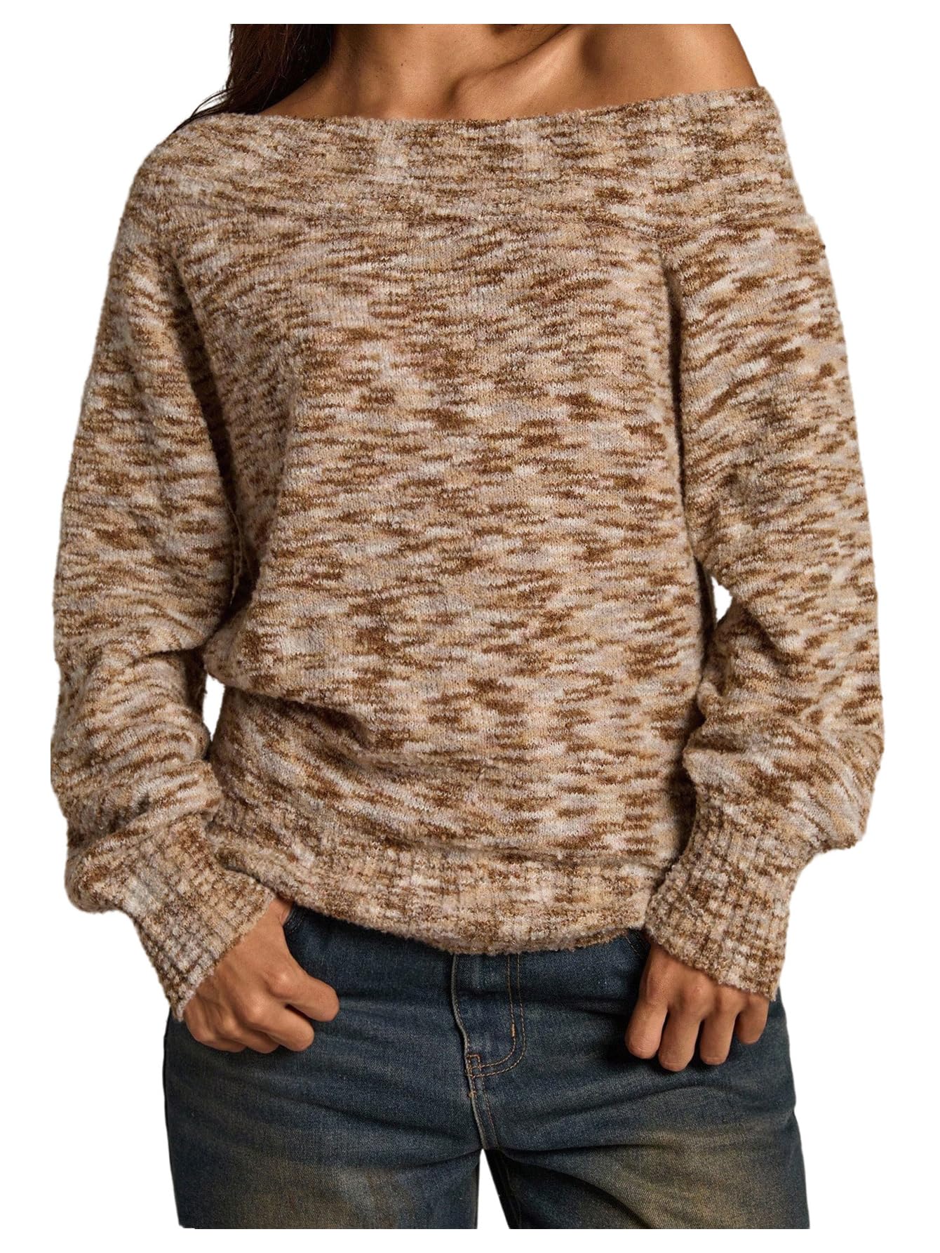 MakeMeChic Womens Cheetah Print Off The Shoulder Sweater Long Sleeve Winter Boho Pullovers