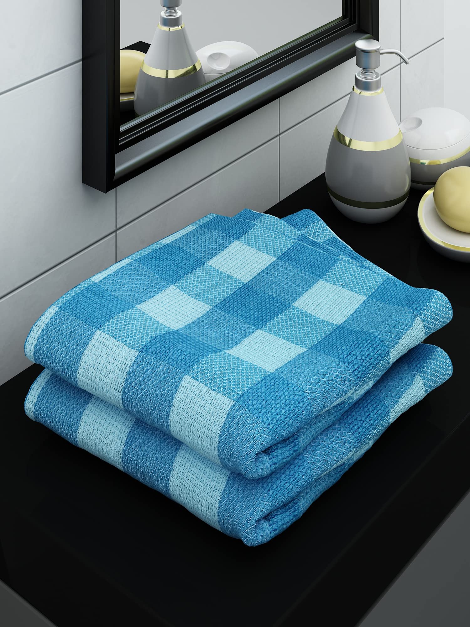 Athom Living Ecosaviour Premium Cotton Bath Towel S Blue Big Checks (Pack of 2)