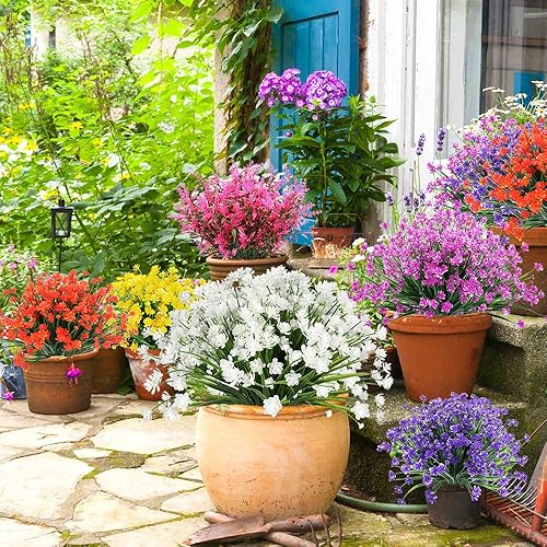 Miniatura 8 de 20 paquetes de flores artificiales para exteriores, no se decoloran, resistentes a los rayos UV, plantas de plástico sintético para colgar macetas,