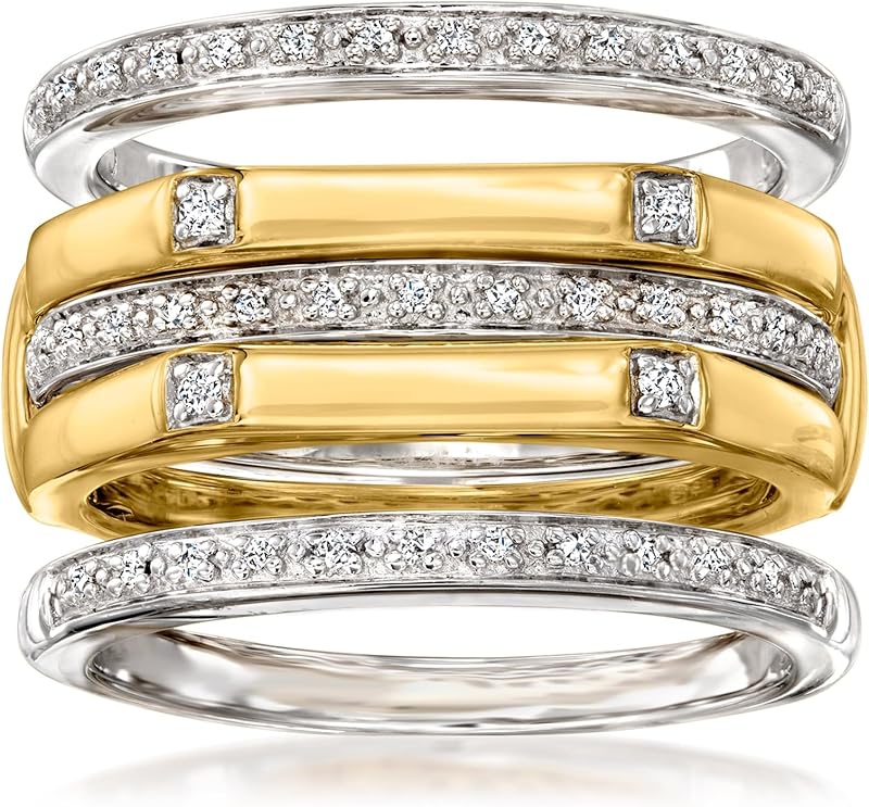 Ross-Simons 0,15 qt. dos Juego de joyas de diamantes: 4 anillos apilables en plata de ley y oro de 18 quilates sobre plata de ley