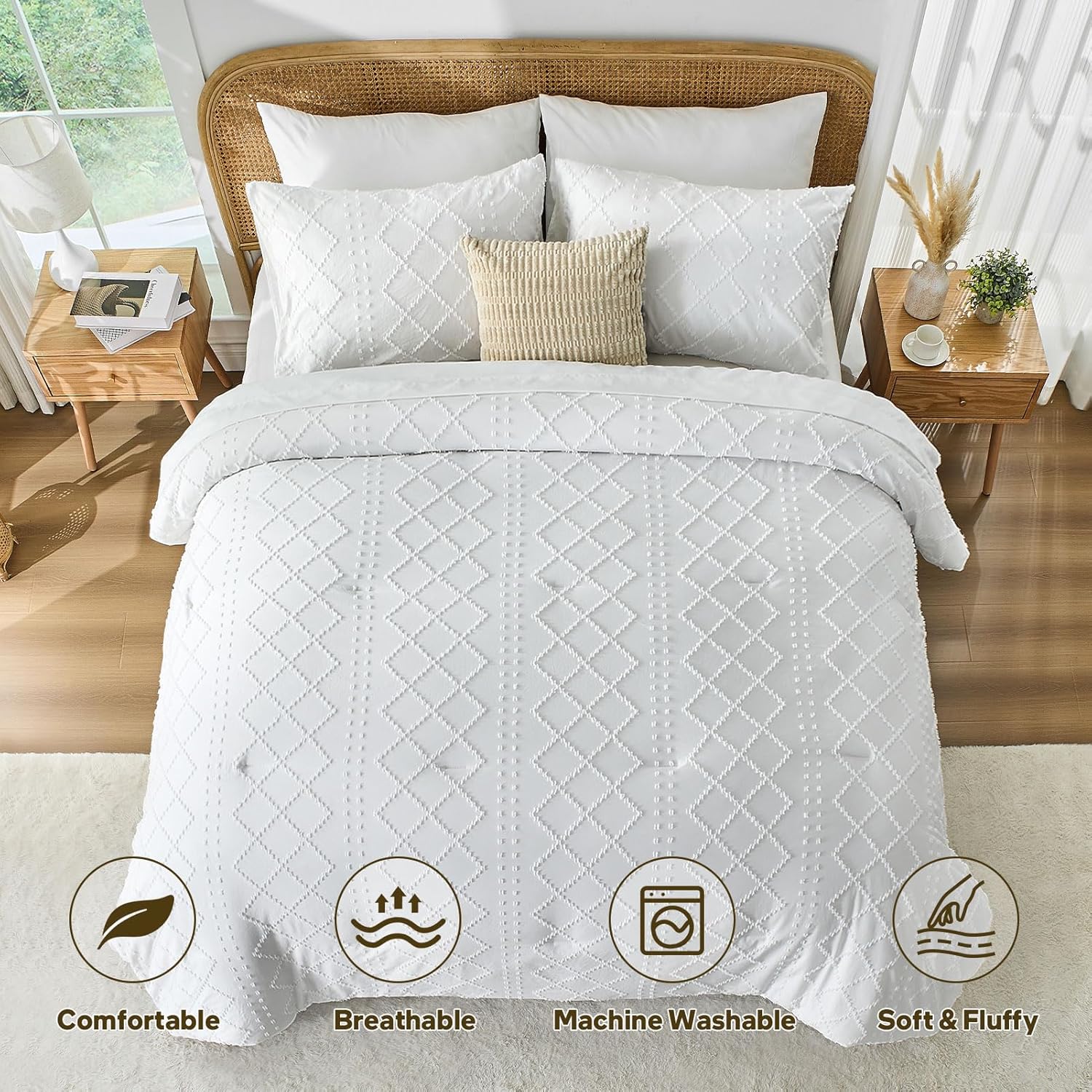 Nesker Queen Comforter Set - 7 Pcs Whilt Comforters Tufted Boho Bedding Sets, Soft Cozy Chic Bed in a Bag, Vintage Shabby Bed Set All Season with Comforter, Fitted Sheet, Flat Sheet & Pillowcases - Image 8