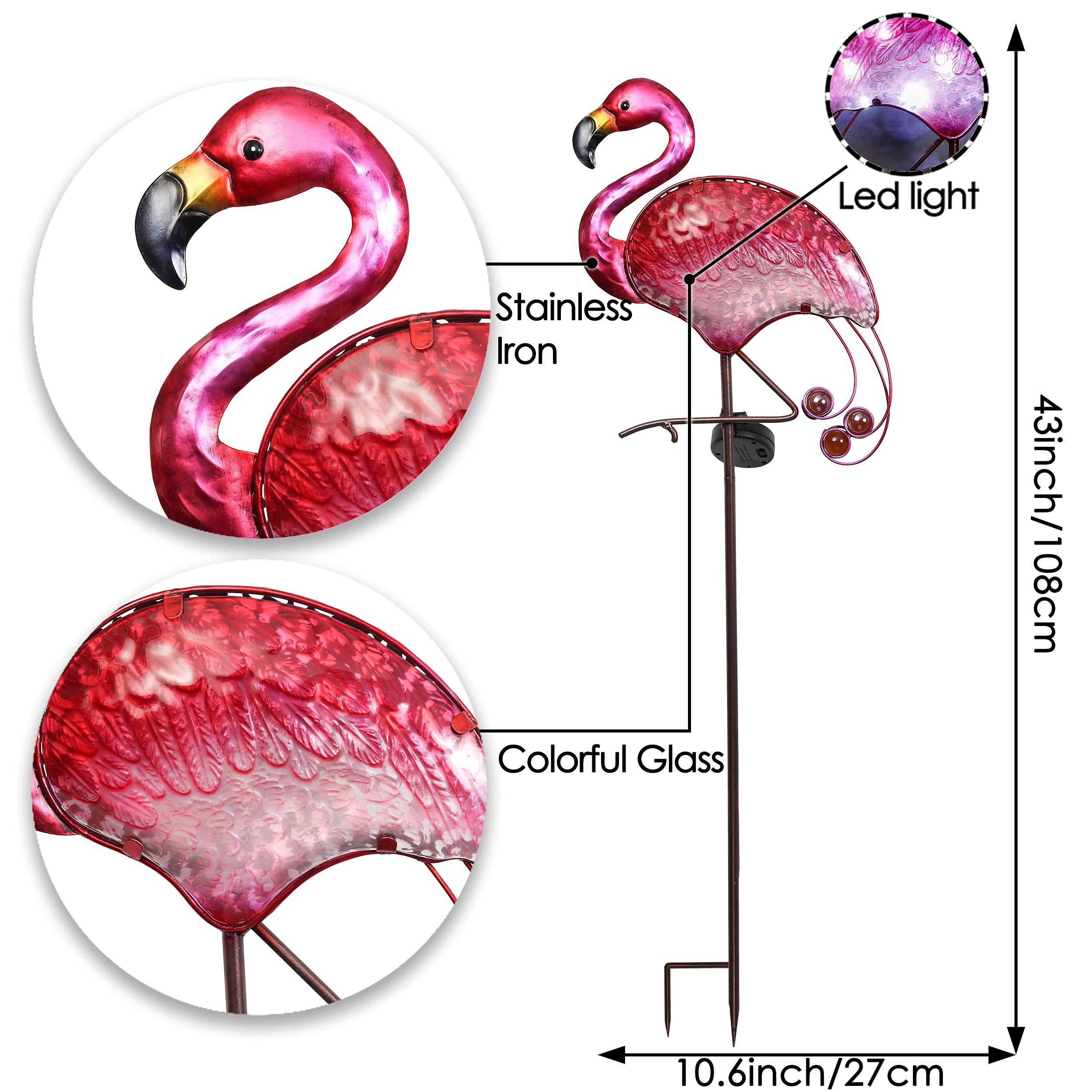 TERESA'S COLLECTIONS Lampe Solaire Exterieur Jardin,Decoration Jardin Exterieur, Figurine d'Oiseau Flamingo Solaire LED, En Métal et Verre, Lumière de Chemin 108cm,Cadeau Femme