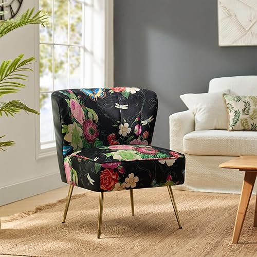 Miniatura 2 de HULALA HOME Silla decorativa con patas de metal dorado, cómoda silla de sala de estar, silla auxiliar pequeña sin brazos de tela floral para