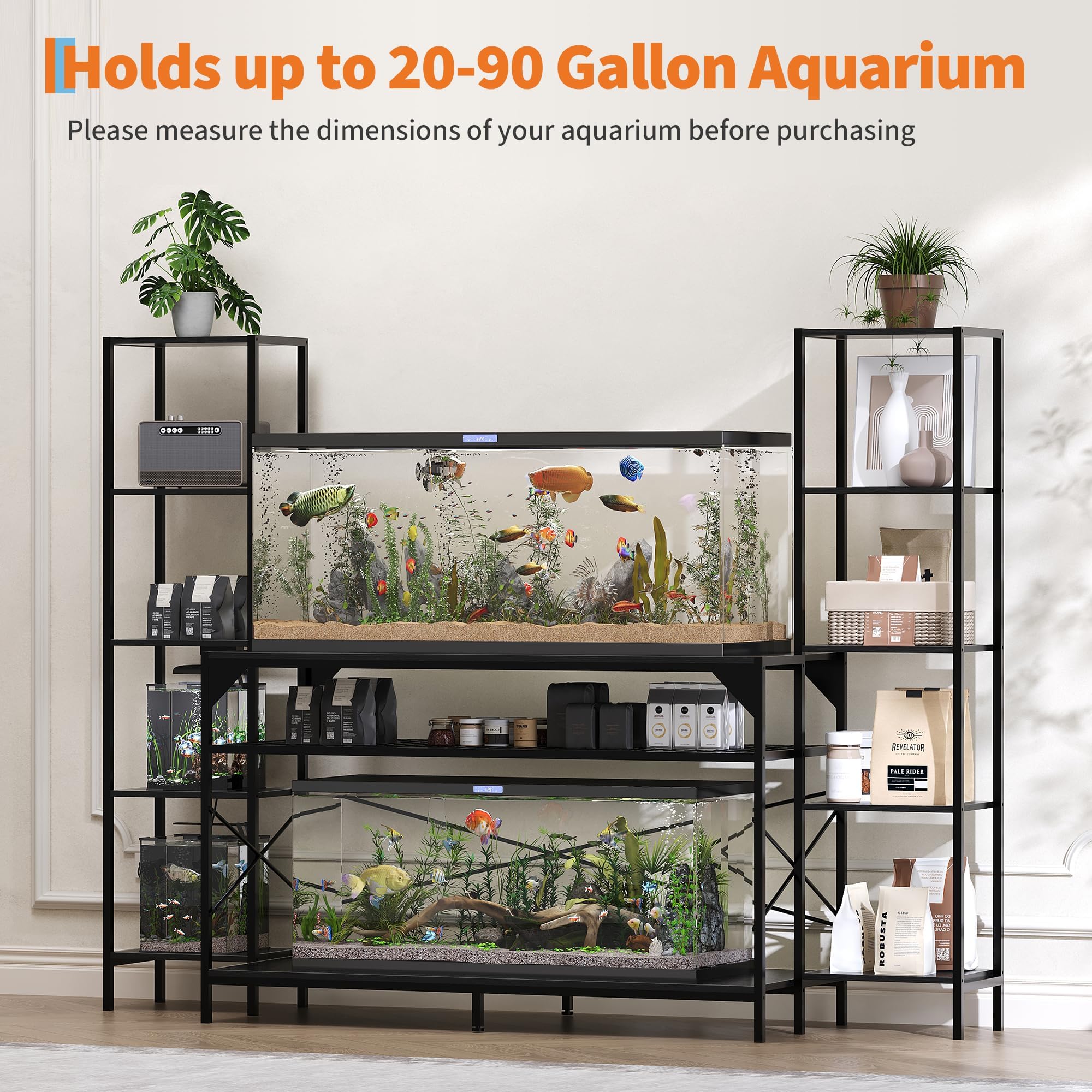 Garvee Soporte Reforzado para Acuario 20-90 Galones – Estructura Metálica con 12 Patas y 4 Estantes – Capacidad 390kg – con Enchufe Eléctrico – Mueble para Peceras y Terrarios – Salón y Hogar –
