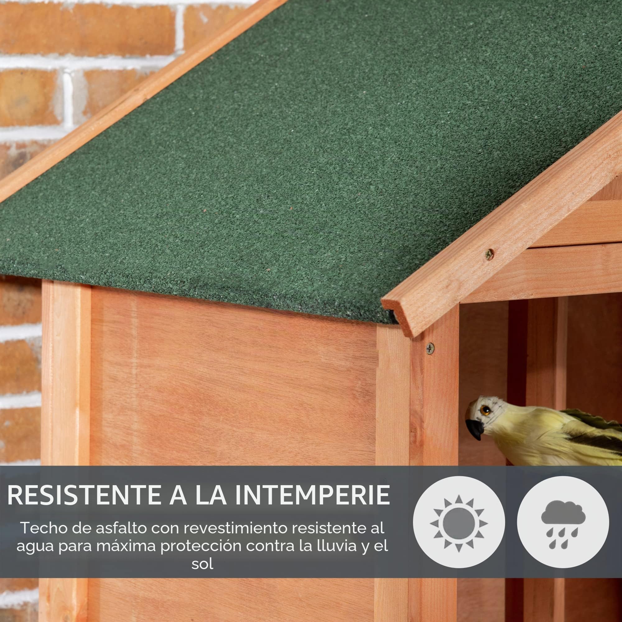 PawHut Jaula para Pájaros de Madera con 3 Puertas 80,5x57x153 cm Natural | 4 Perchas, Bandeja Extraíble, Techo Asfáltico