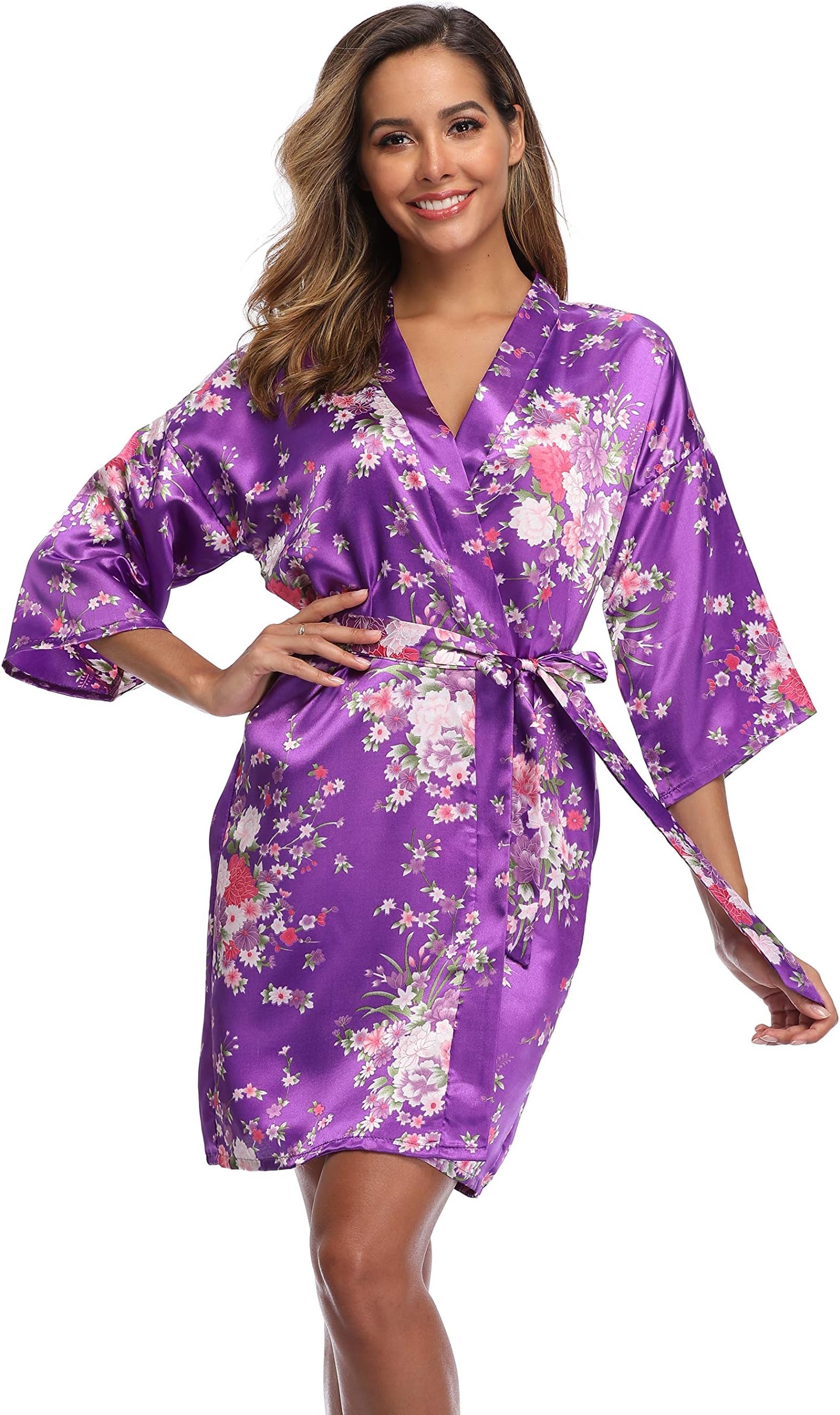 Women Floral Kimono Robe Satin Bridal Dressing Gown Bride Bridesmaid Robes Sleepwear