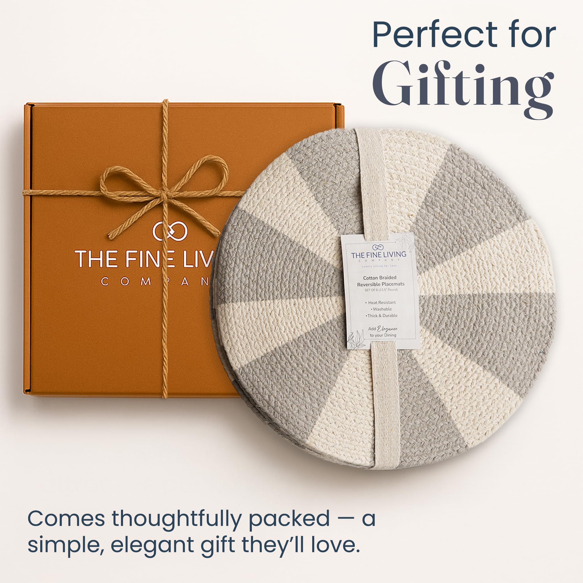 The Fine Living Co. - Manteles individuales trenzados de algodón estampado (juego de 6, 13.5 pulgadas), lavables, antideslizantes, resistentes al calor, manteles redondos tejidos bohemios para