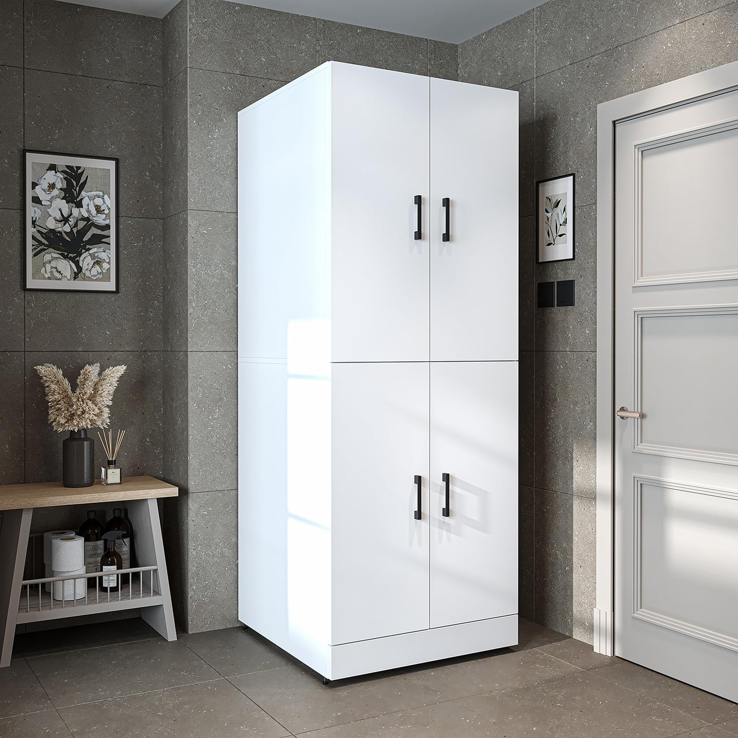 ROOMART Dora Armoire de machine à laver pour sèche-linge et machine à laver, en 4 couleurs, avec portes et planche coulissante (blanc)