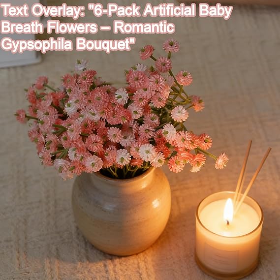 6 Pack Artificial Flowers Fake Gypsophila Babys Breath Flowers, 21CM Pink White Faux Flowers for Wedding Home Decor, Bendable Stems with 45 Blooms per Stem,Pink